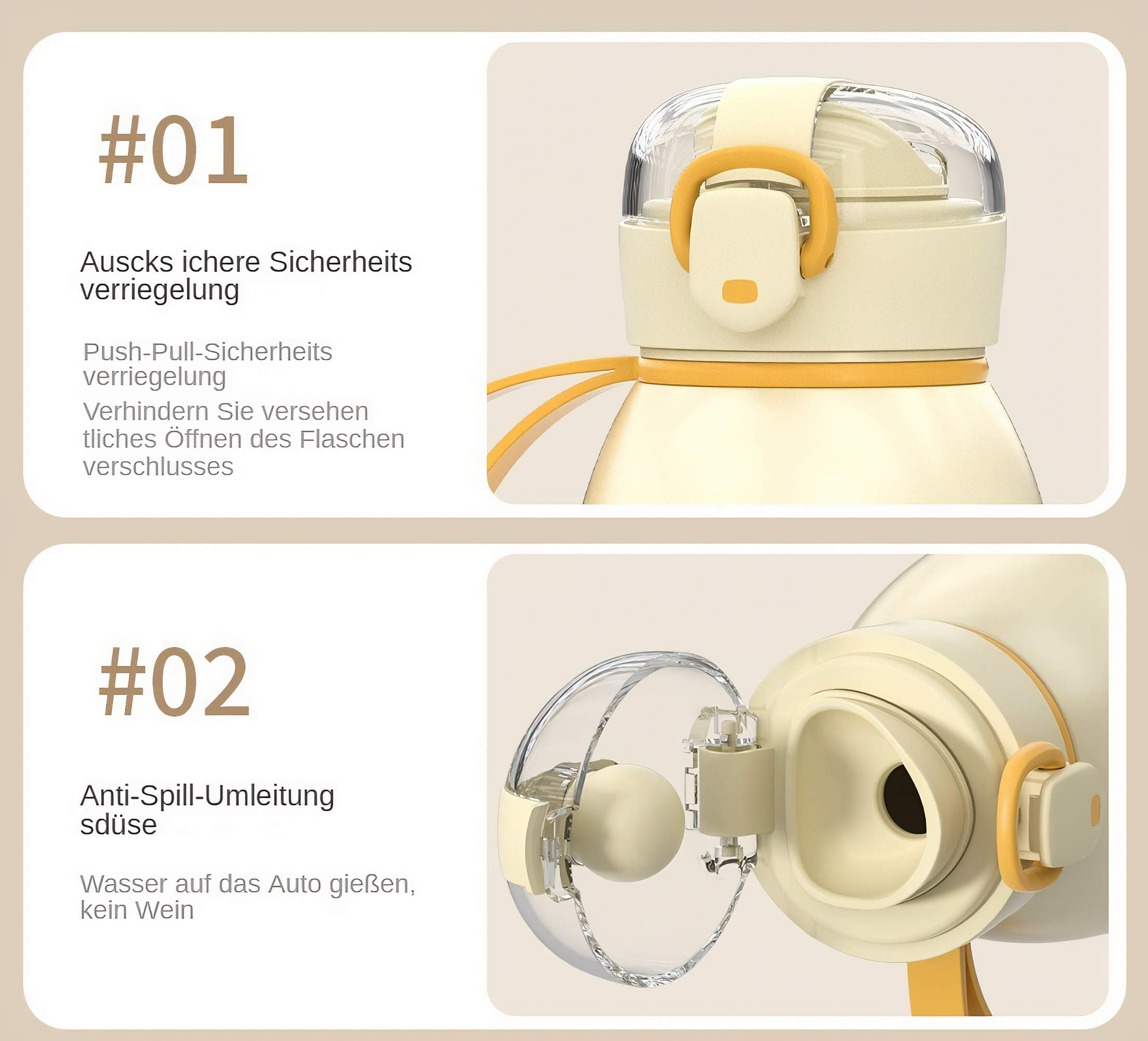 Zwei Nahaufnahmen einer cremefarbenen Wasserflasche, die ihre Merkmale und Funktionen detailliert beschreiben.