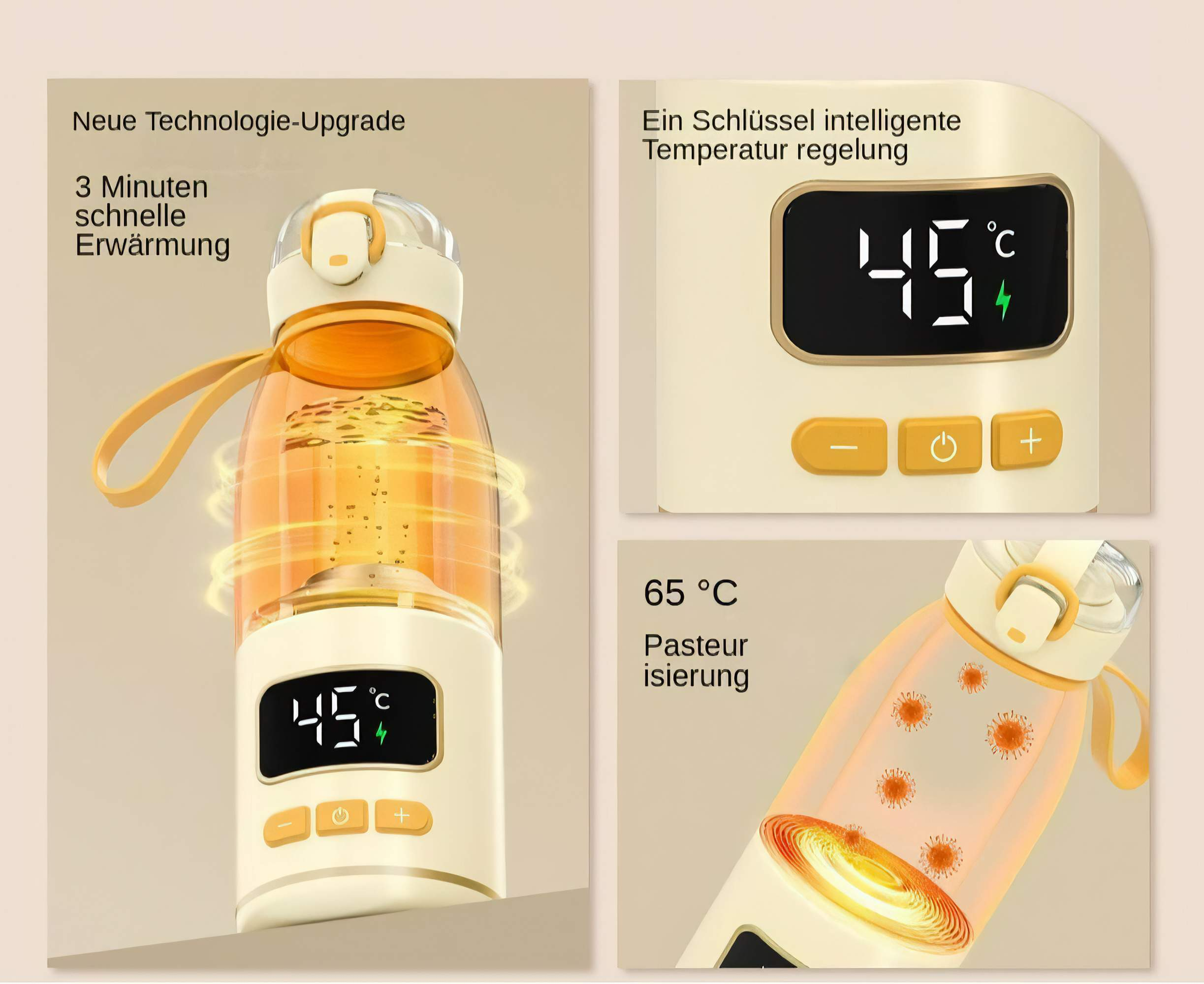 Eine Wasserflasche mit Digitalanzeige, die die Temperatur anzeigt. Die Flasche hat eine Heizfunktion.