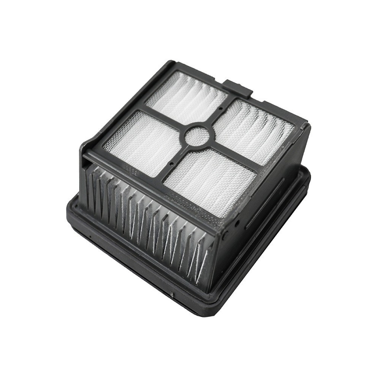 Ein schwarzer, rechteckiger Filter mit weißem Netzinnenraum, für einen Staubsauger, vor weißem Hintergrund.