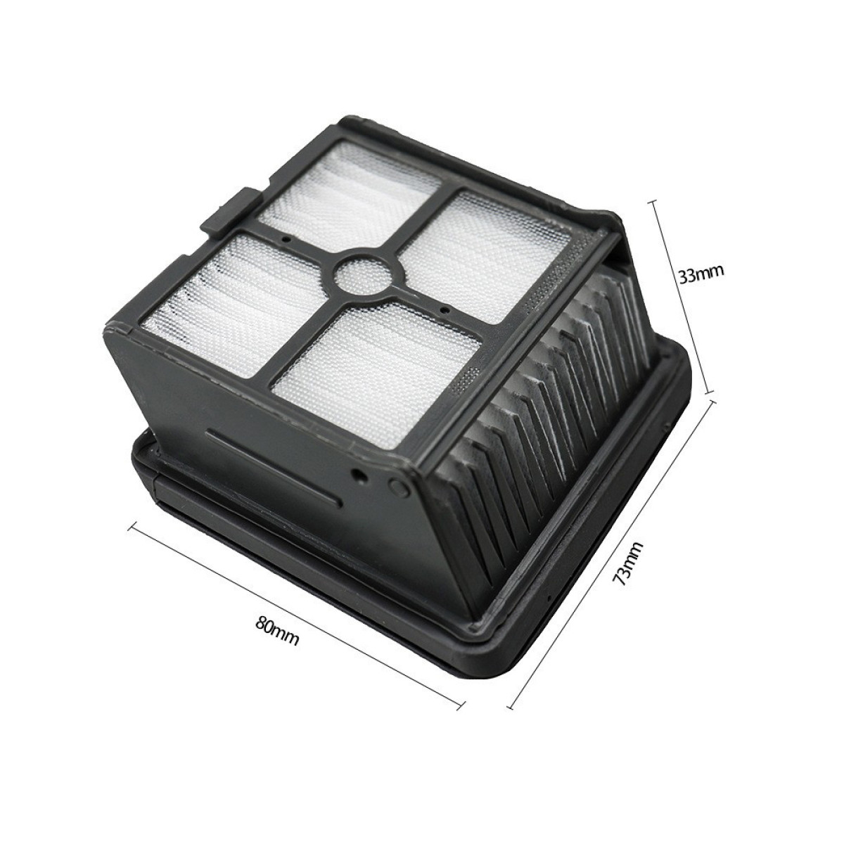 Ein schwarzes rechteckiges Filterelement mit weißem Filter innen, Abmessungen 80x73x33mm.