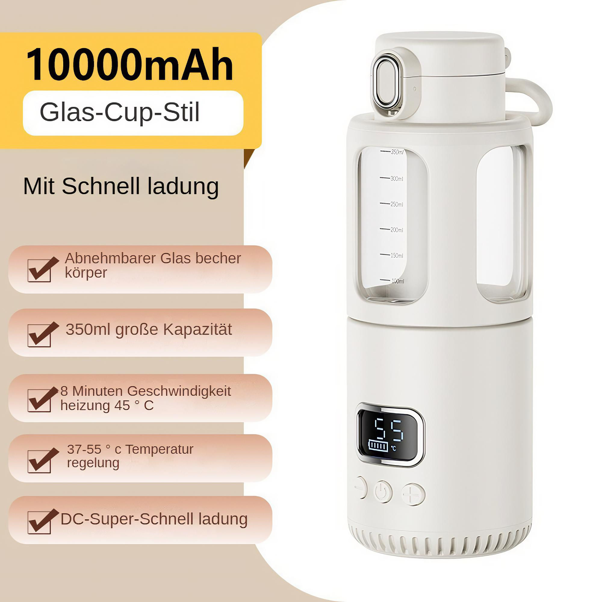 Eine weiße Wasserflasche mit Digitalanzeige, die 55 Grad anzeigt, und Text über Schnellladefunktionen.