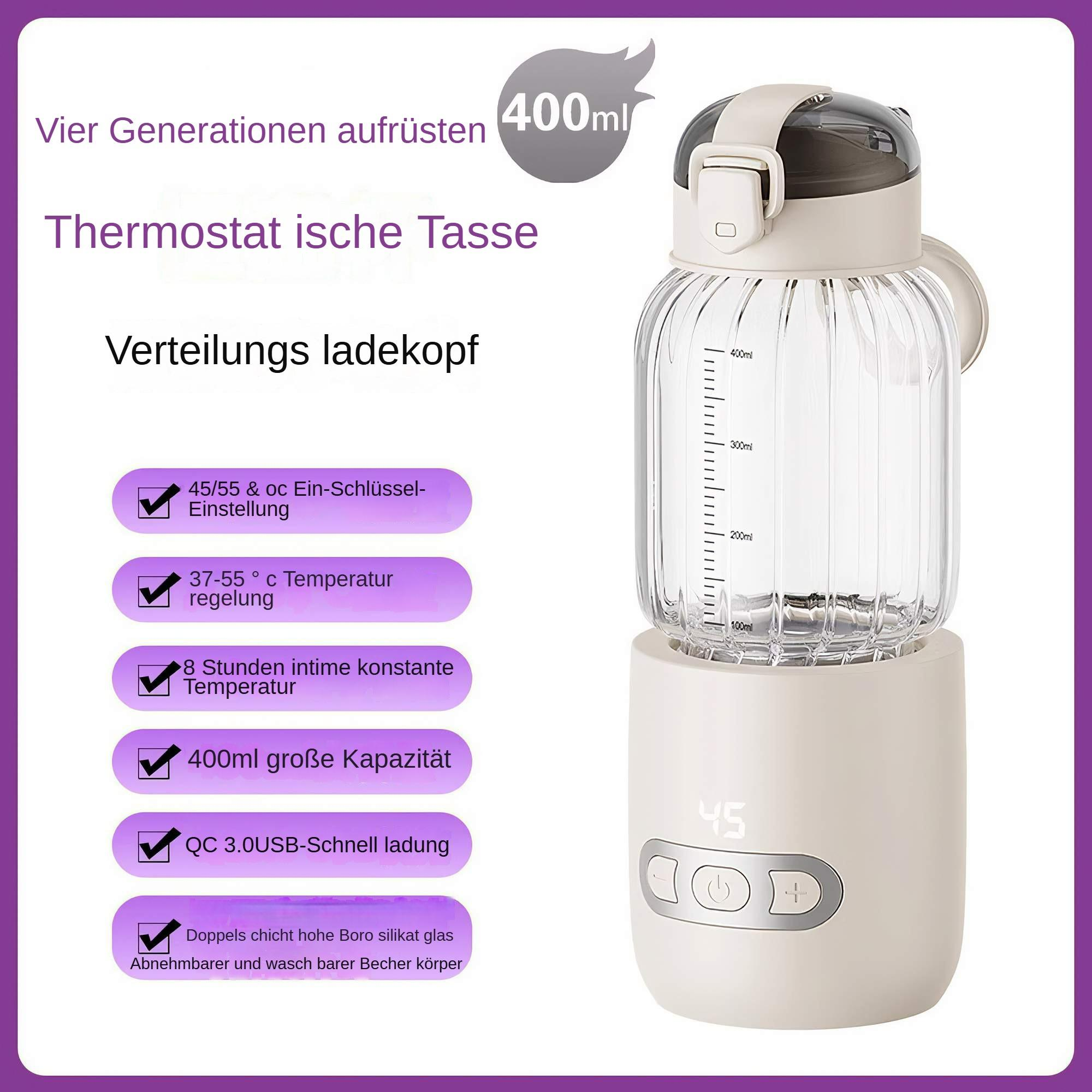 Weiße und transparente Thermoflasche mit Text und Häkchen.