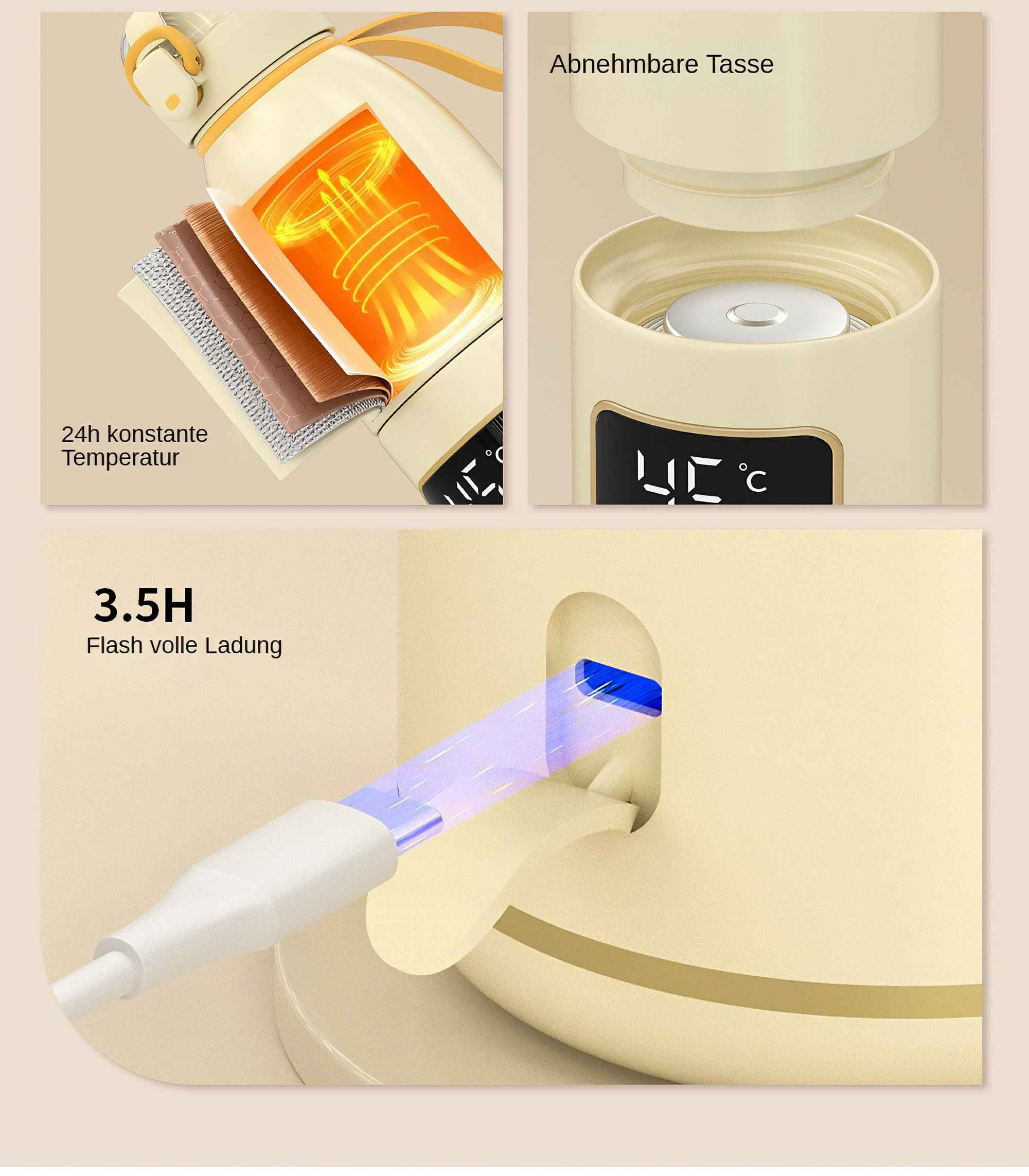 Nahaufnahme einer cremefarbenen Thermosflasche, die interne Komponenten zeigt.