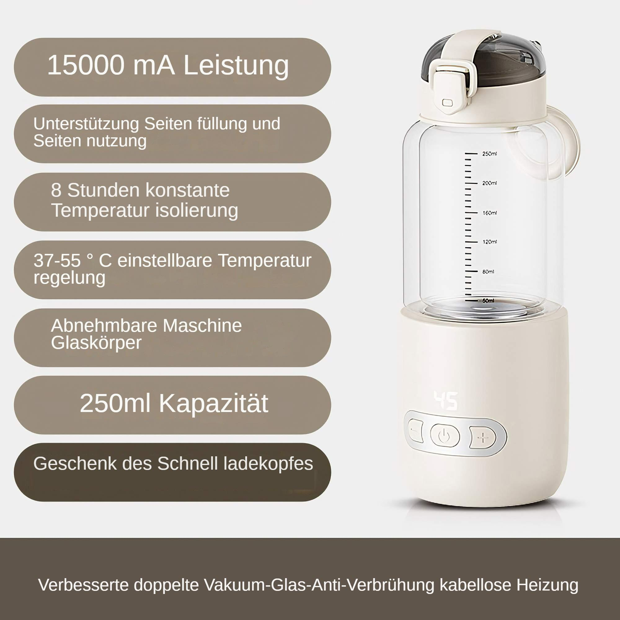 Weiße und transparente Thermoflasche mit Text und Häkchen.