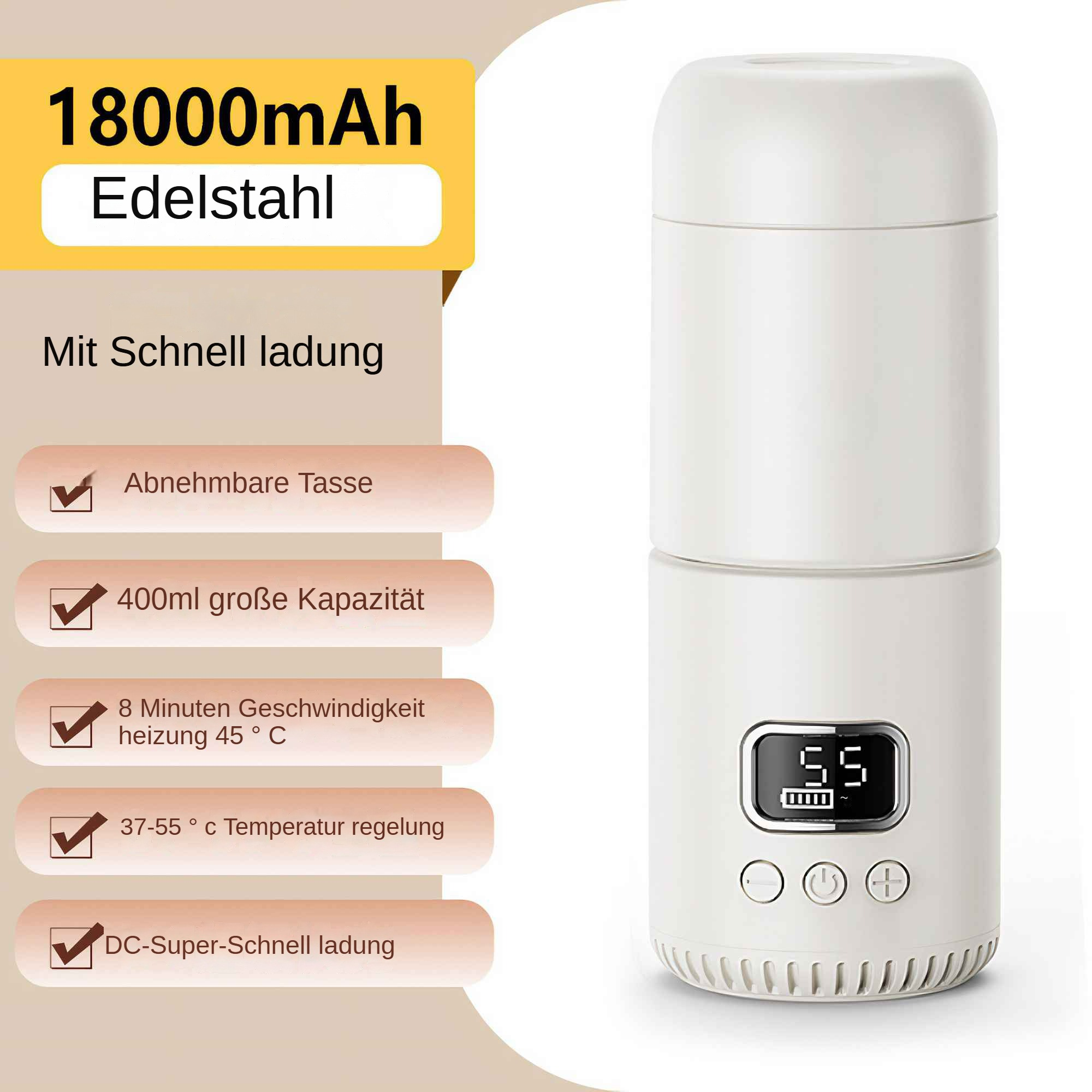 Weißer Thermosbehälter mit digitaler Anzeige mit 55 Grad und Steuerungstasten mit Details.