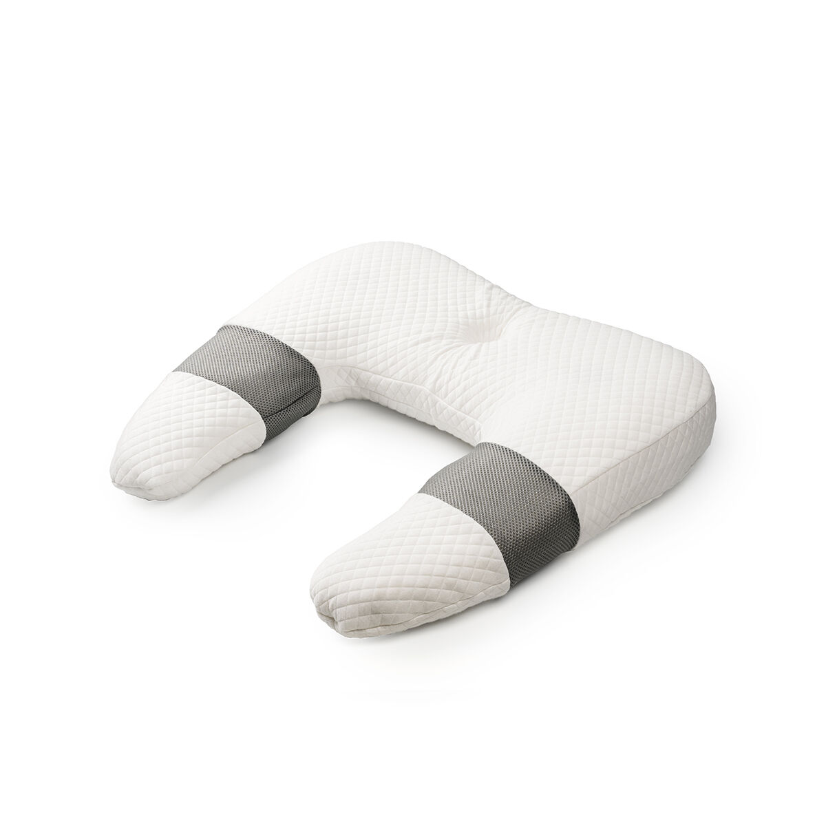 Weißes ergonomisches Kissen mit grauen Mesh-Abschnitten. Es ist auf weißem Hintergrund.
