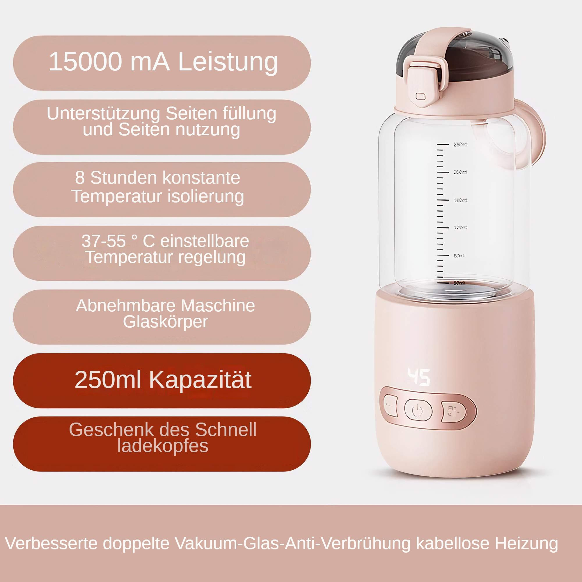 Rosa Flasche mit transparentem Körper, Messungen und rosa Basis mit Knöpfen und Anzeige.
