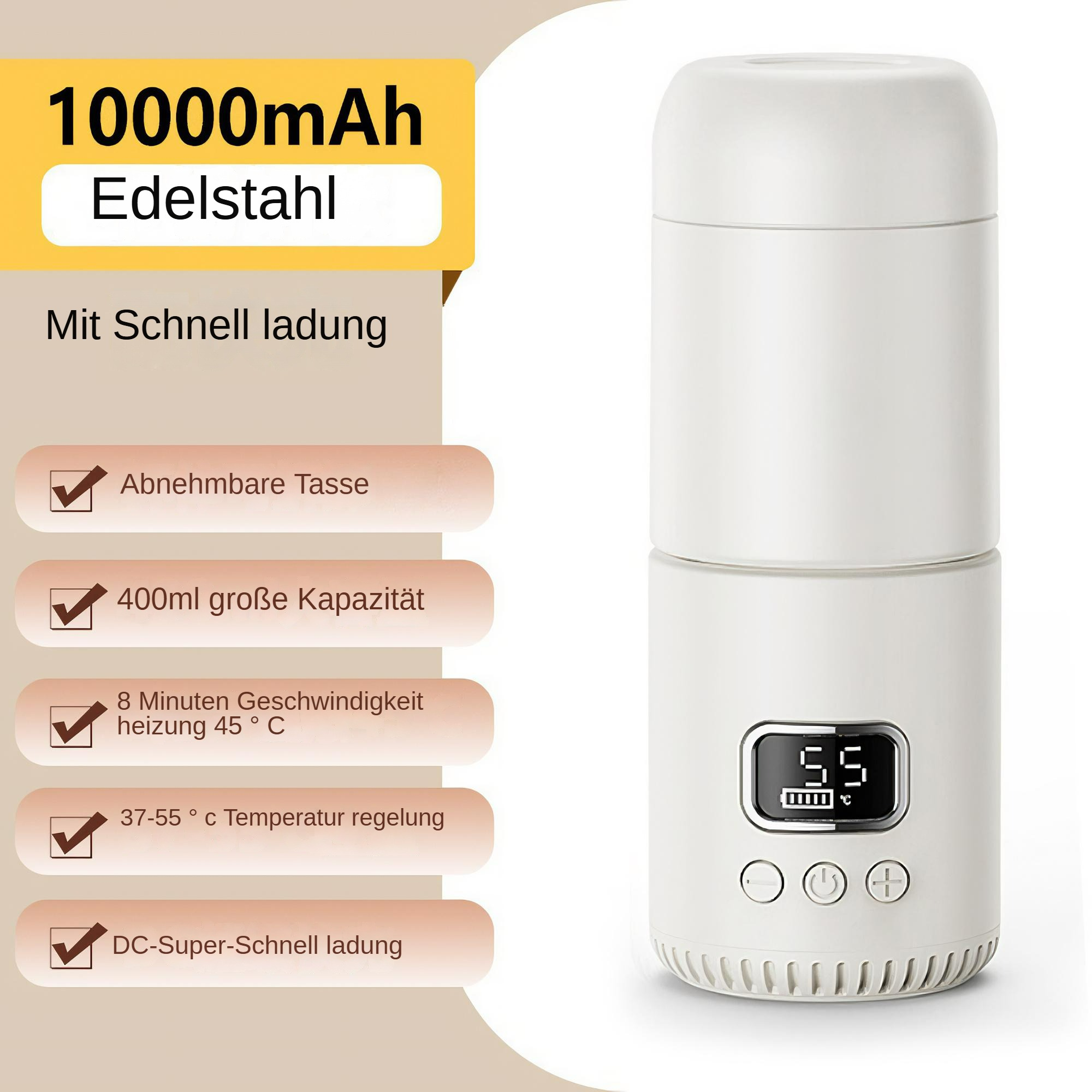 Weißer Thermosbehälter mit digitaler Anzeige mit 55 Grad und Steuerungstasten mit Details.