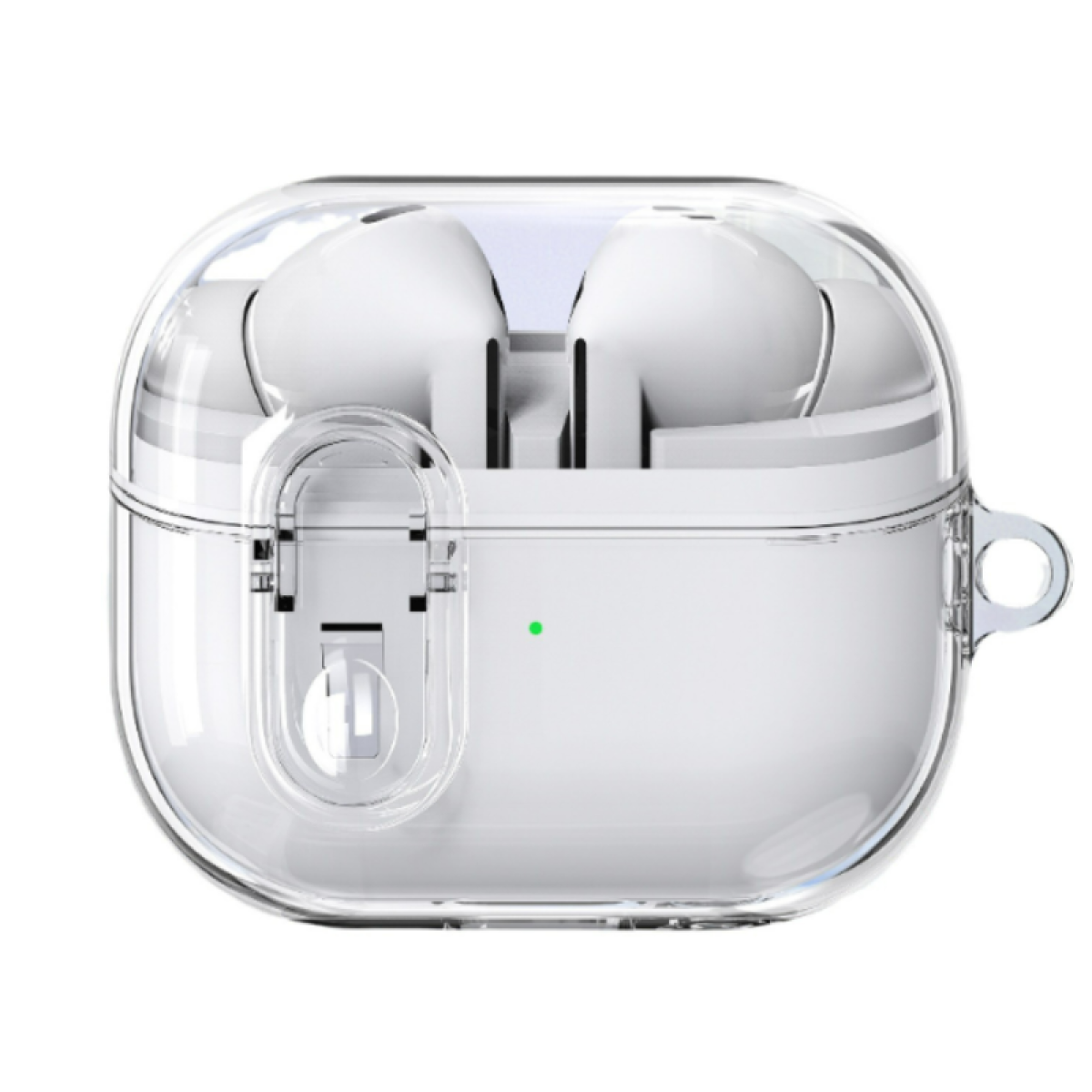 Transparente AirPods-Hülle mit weißen AirPods innen, grünes Licht, auf weißem Hintergrund.
