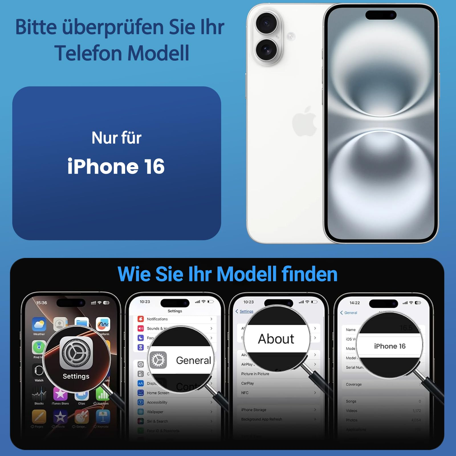 Das Bild zeigt das iPhone 16-Modell mit Screenshots zur Identifizierung des Telefonmodells.