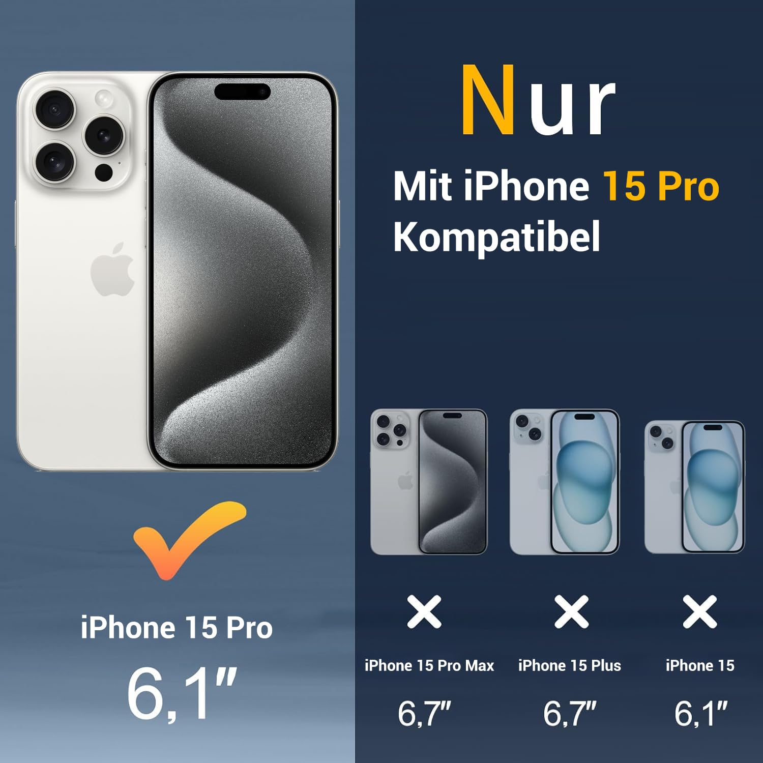 Bild zeigt iPhone 15 Pro und Vergleich. Das Telefon ist 6,1 Zoll groß, verglichen mit anderen.