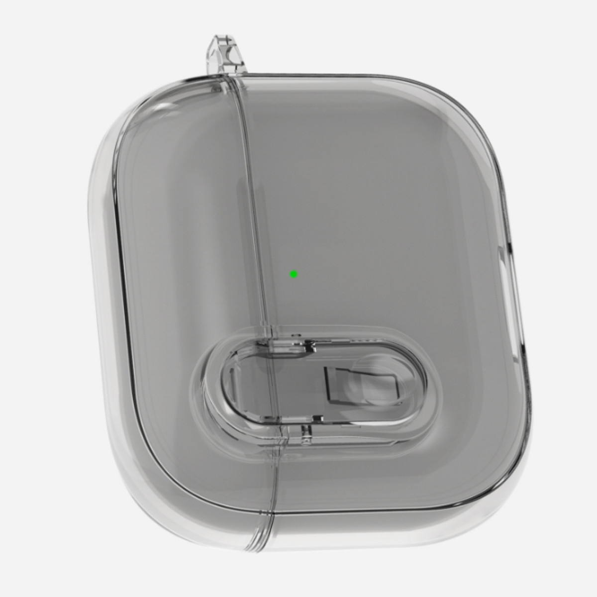 Una funda transparente con una luz verde, se ve en ángulo.