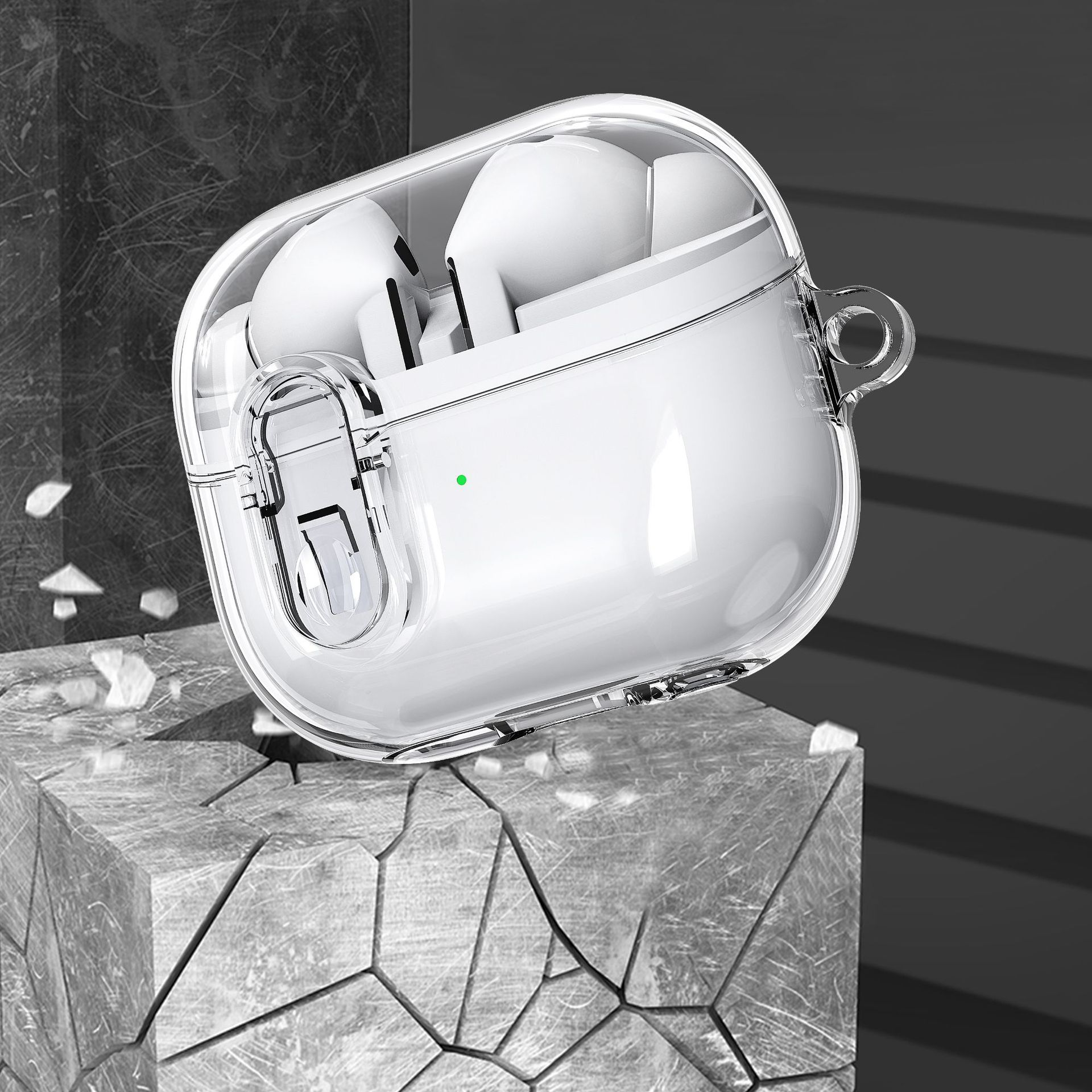 Transparente AirPods-Hülle mit weißen AirPods innen, grünes Licht, auf grauer Steinoberfläche.