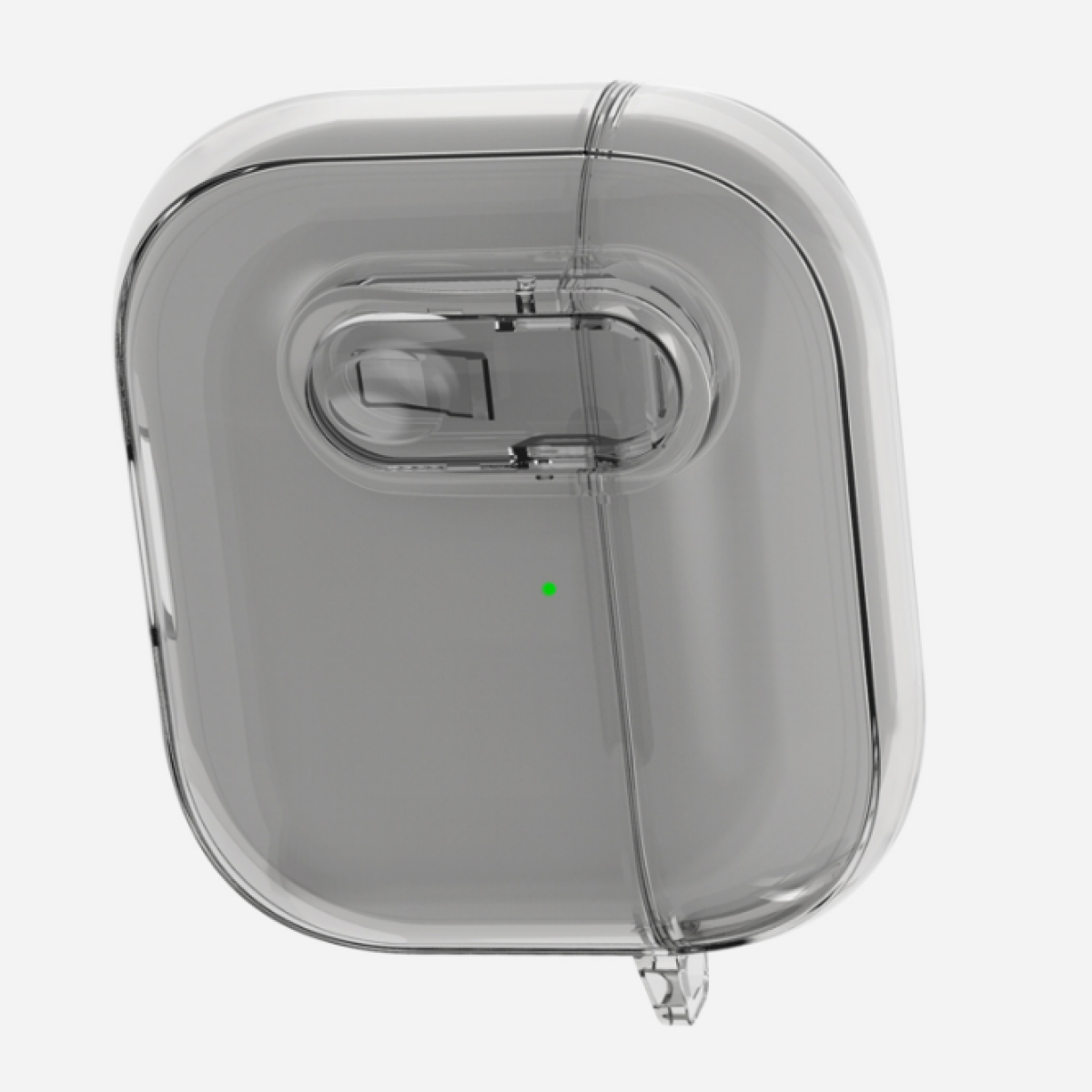 Una funda transparente con una luz verde, se ve en ángulo.