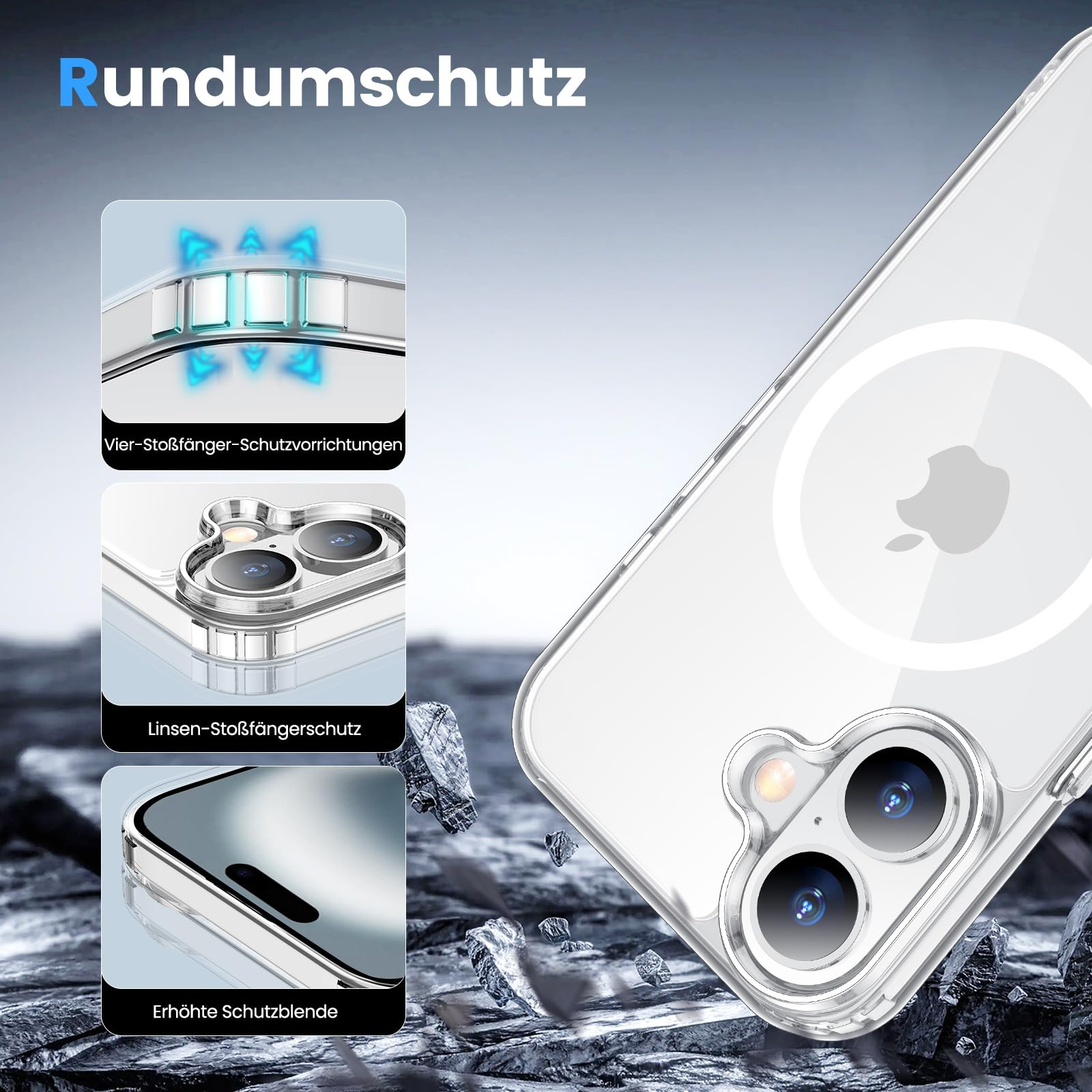 Handyhülle mit Telefon, Schutzfunktionen, Text auf Deutsch.