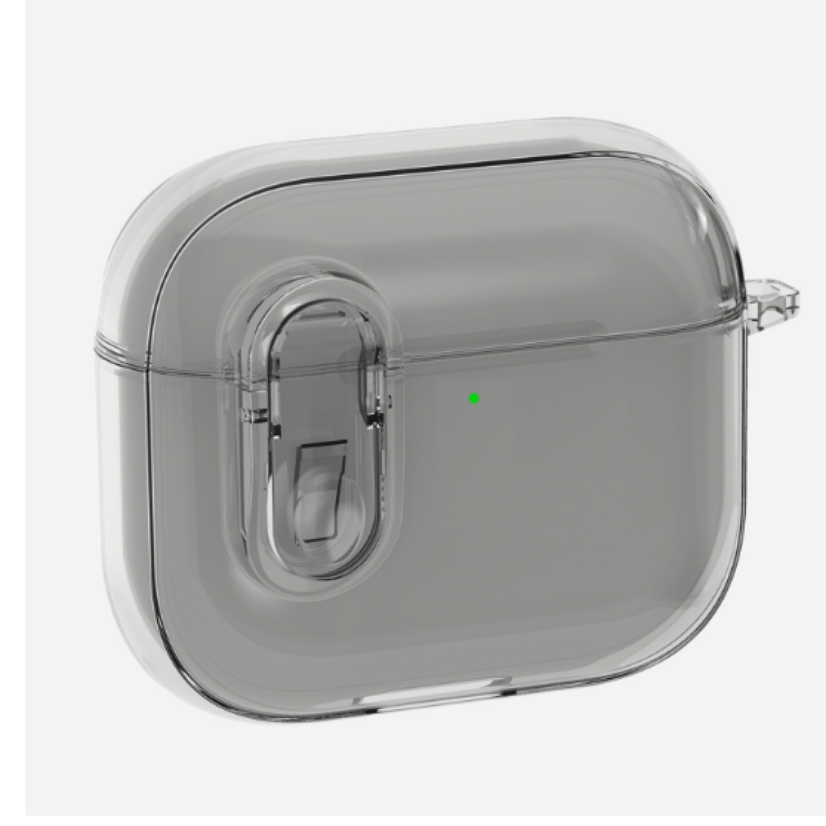 Funda transparente y gris con luz verde, aislada sobre fondo blanco.