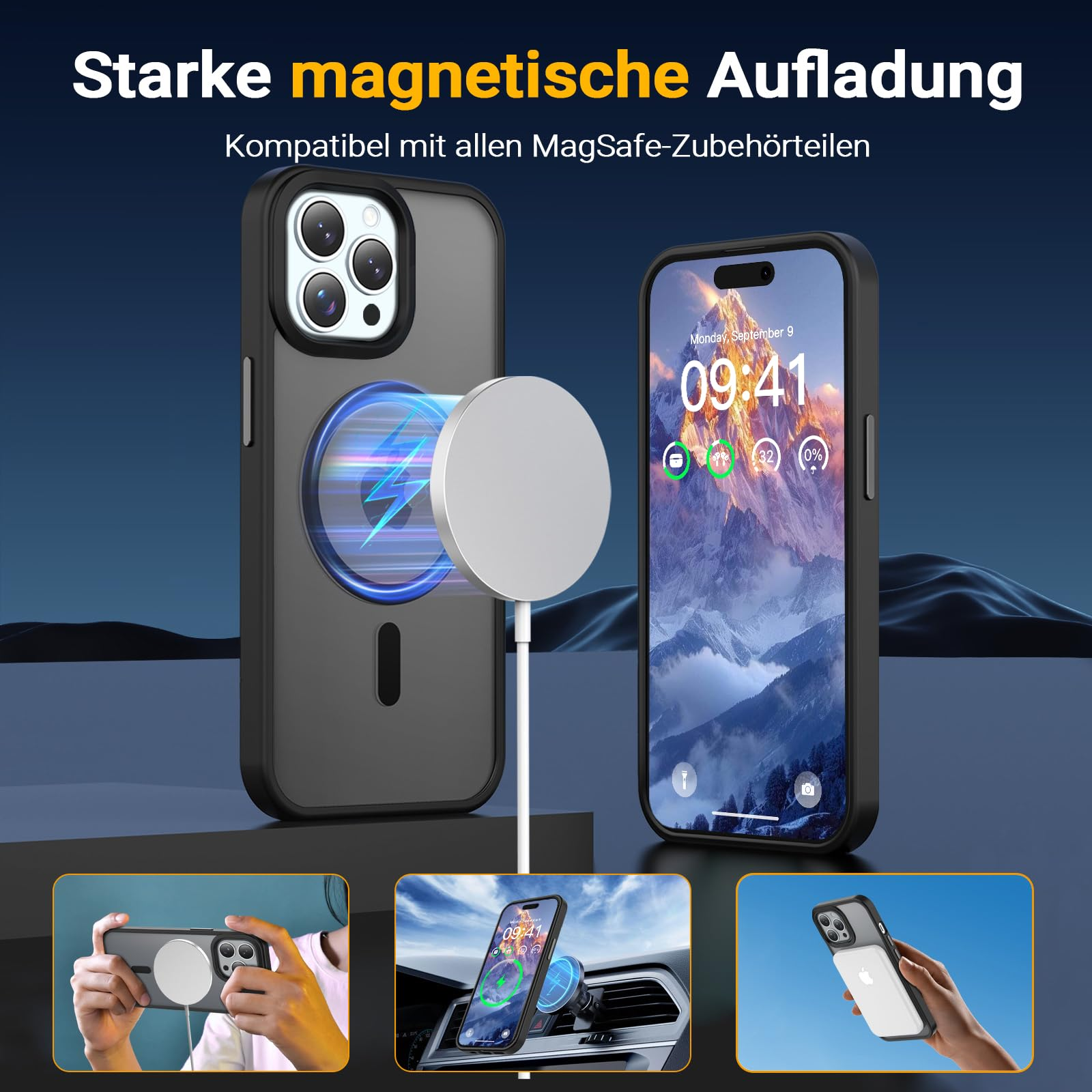 Telefon mit Hülle wird geladen. Text über magnetisches Laden und Telefon.