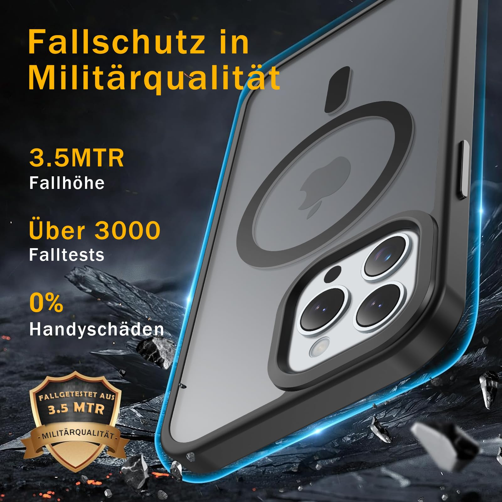 Handyhülle mit Text über Sturzschutz. Telefon ist in der Hülle sichtbar.