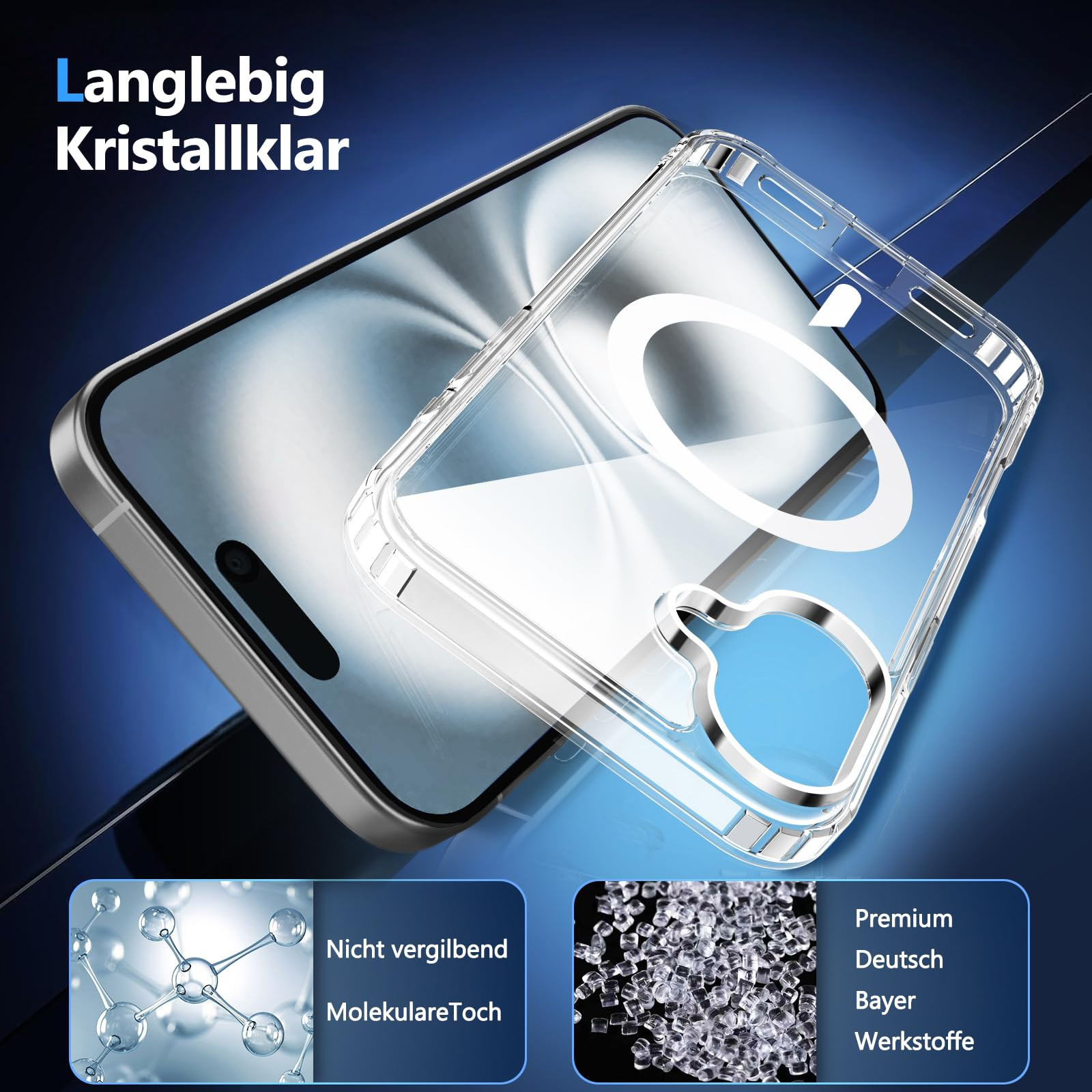 Eine transparente Handyhülle mit einem Telefon im Inneren und Text über die Materialien.