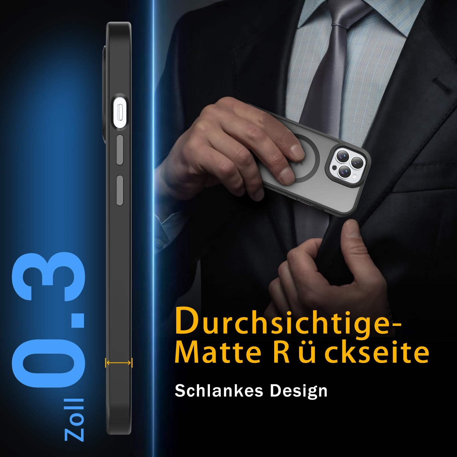 Eine schwarze Handyhülle mit durchsichtigem Rücken, neben einer Person, die ein Handy hält.