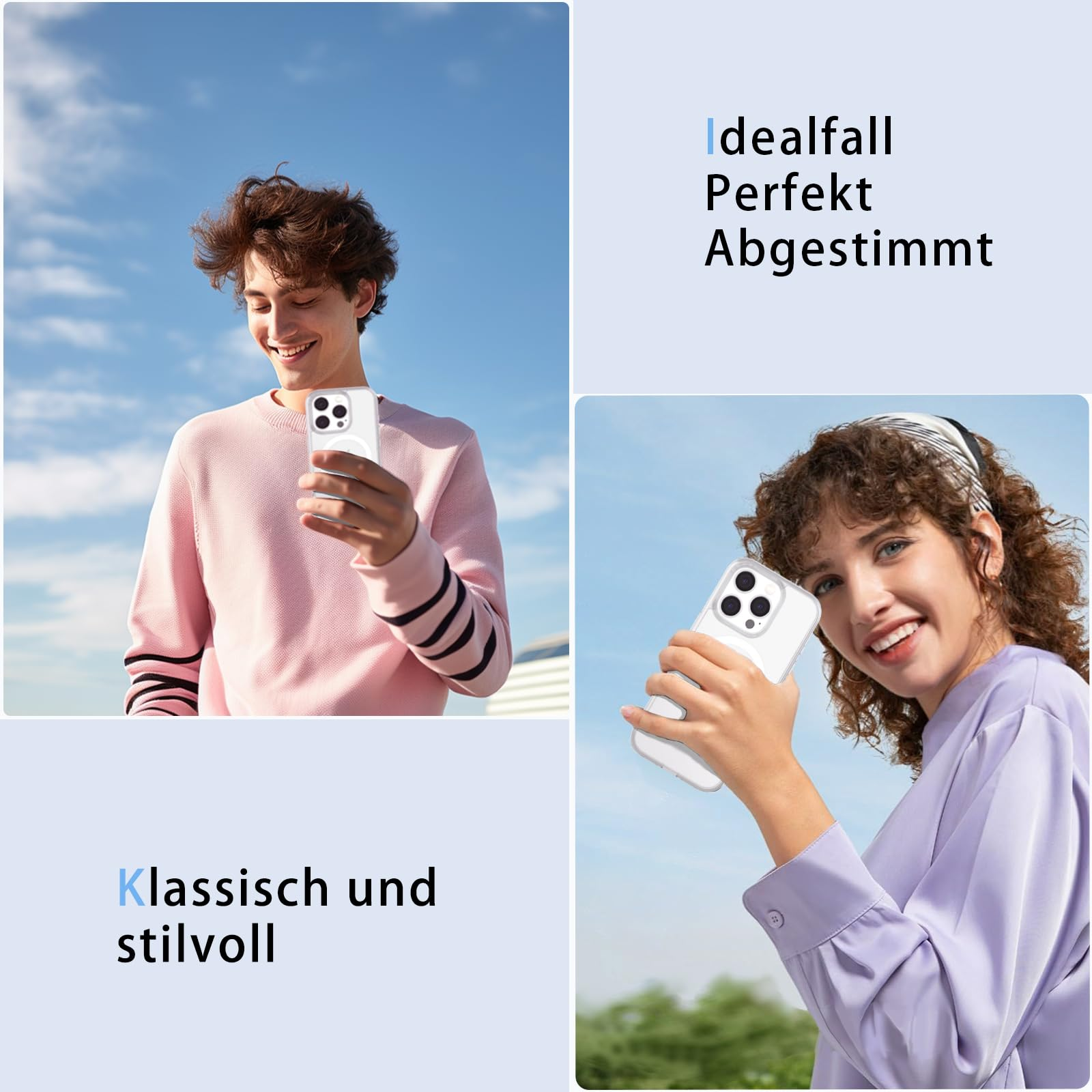 Zwei Personen halten Telefone in Hüllen. Text auf Deutsch.