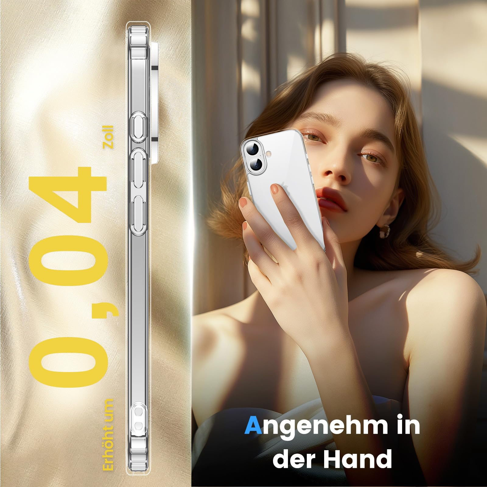 Frau hält Telefon in transparenter Hülle, Seitenansicht, Text.