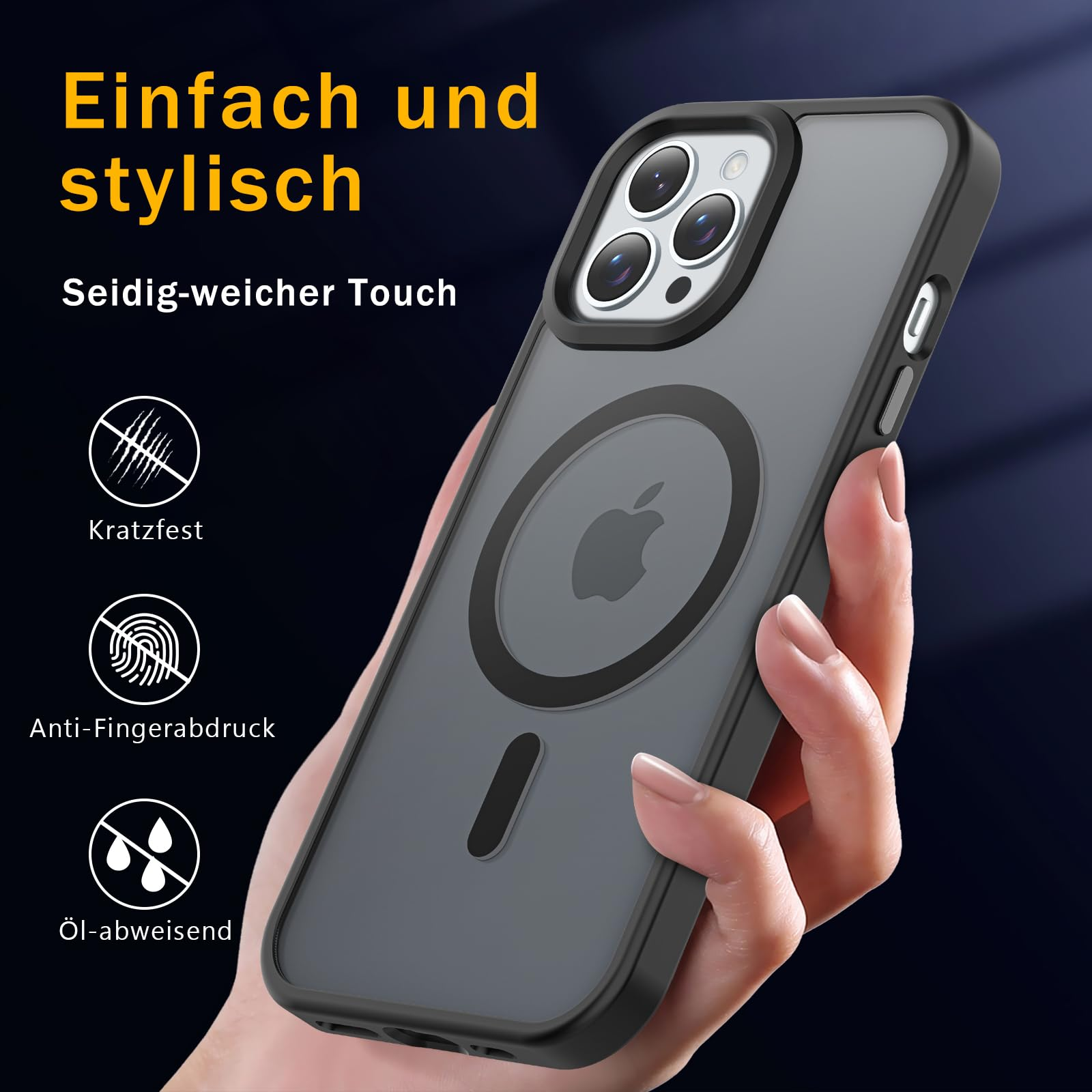 Eine schwarz-graue Handyhülle mit Text und Symbolen, mit einem Telefon darin.