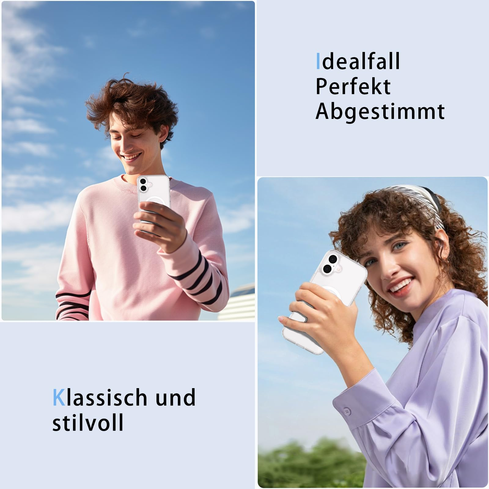 Zwei Personen halten Telefone in Hüllen. Text auf Deutsch.