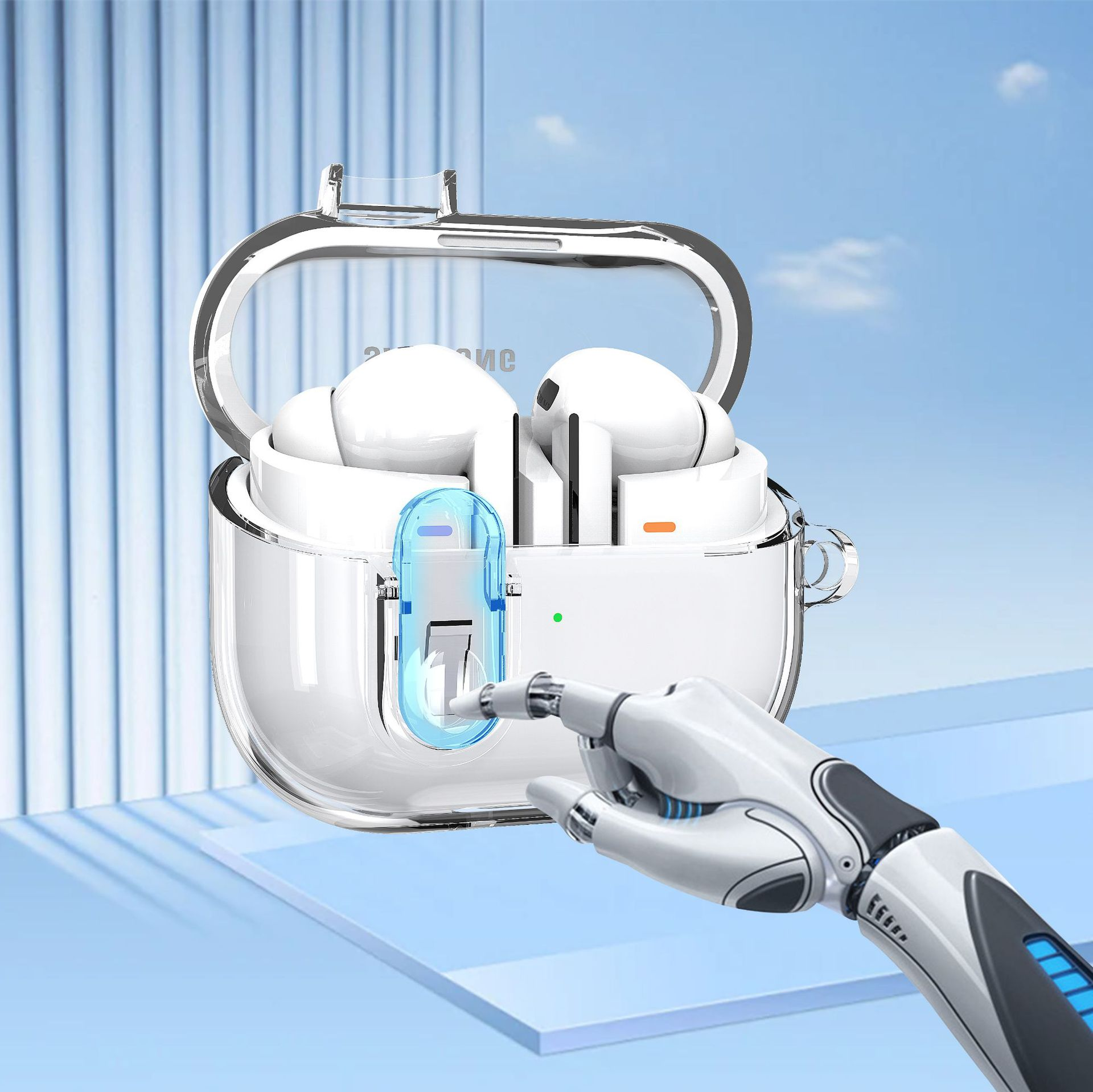 Ohrhörer in durchsichtiger Hülle, Roboterhand interagiert. Blauer Himmel im Hintergrund.
