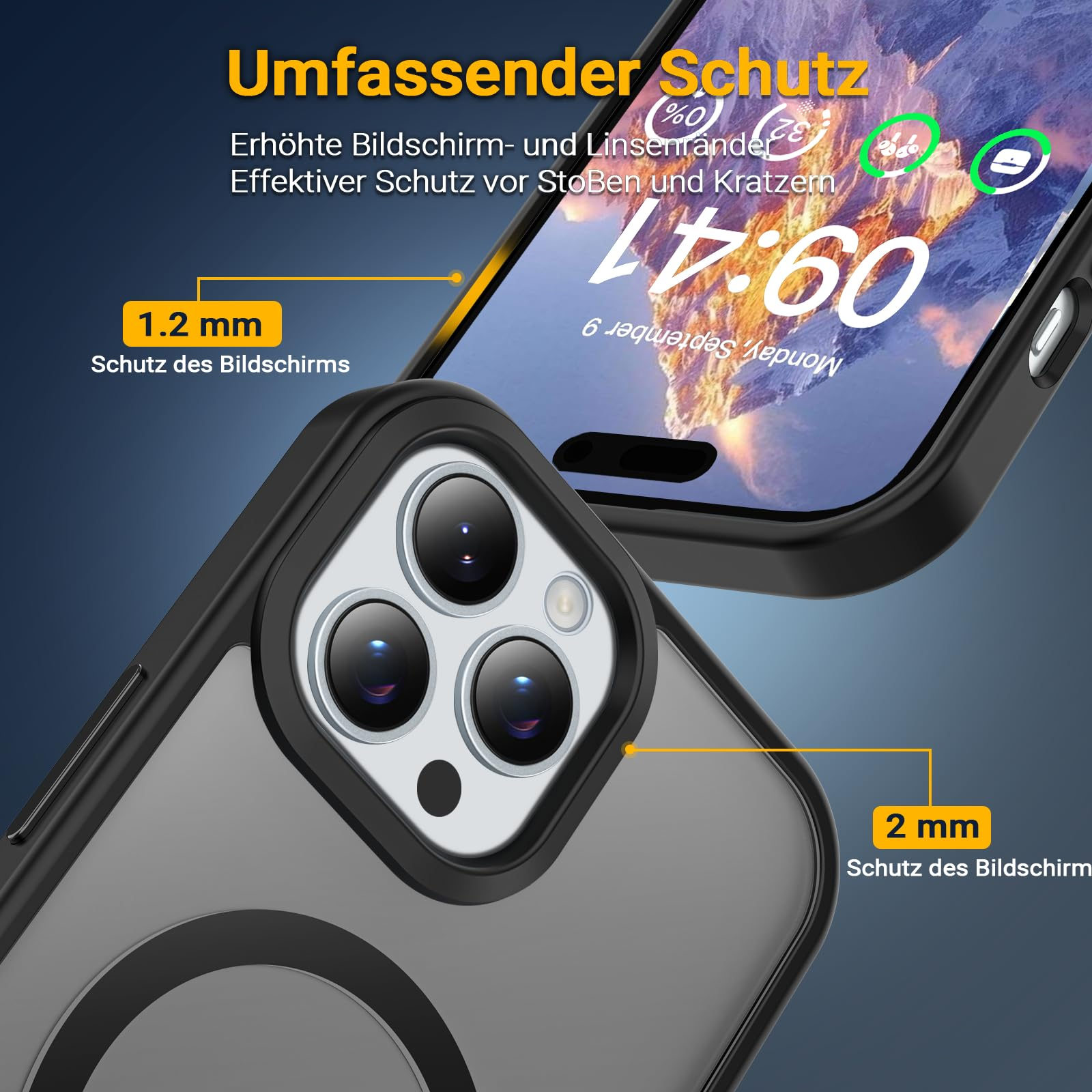 Handyhülle mit Telefon, Schutzfunktionen, Text auf Deutsch.