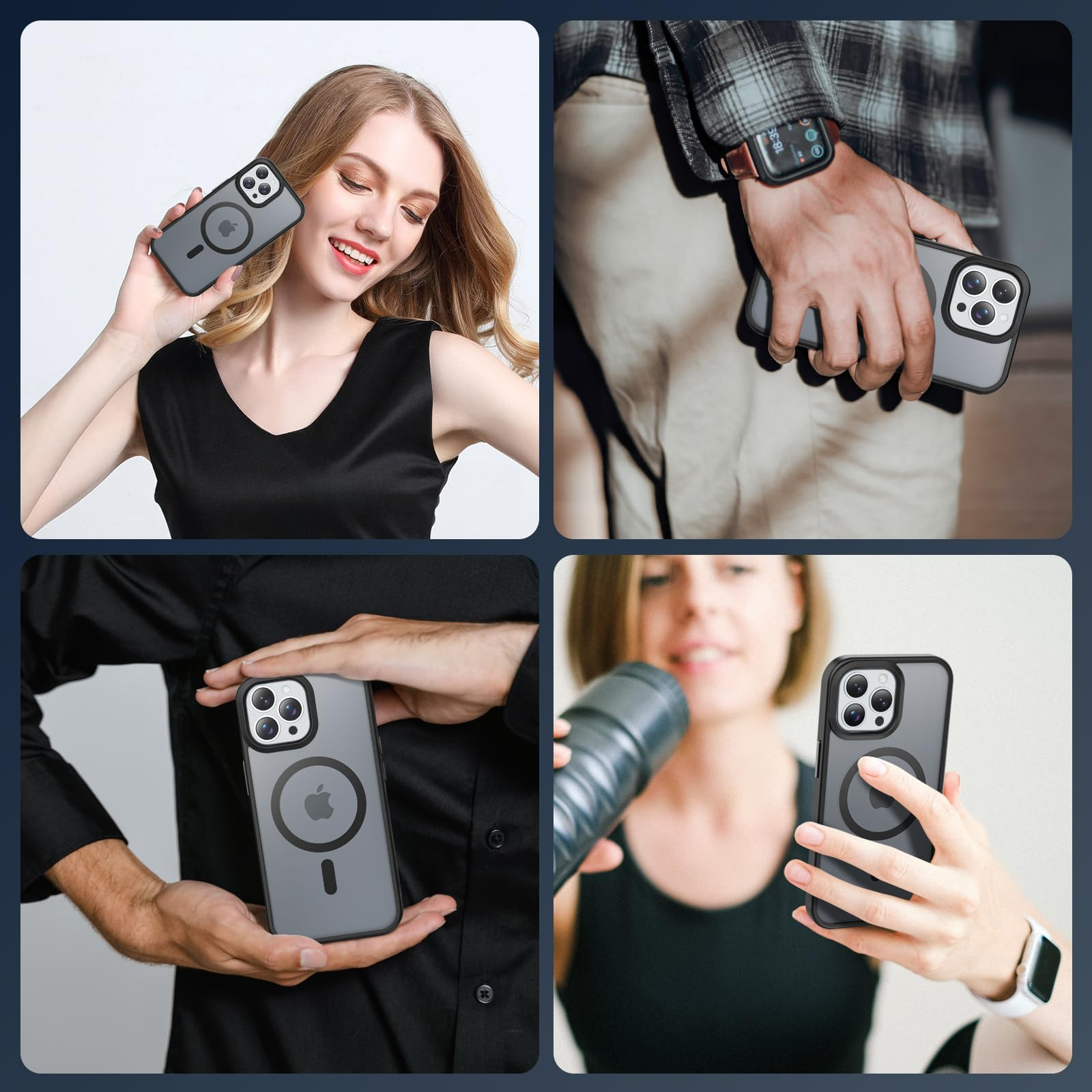 Mehrere Bilder von Personen, die Telefone mit Hüllen benutzen.