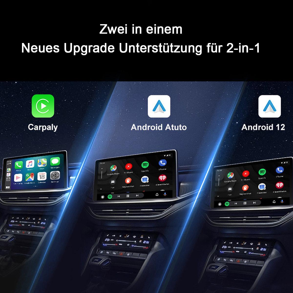 Auto-Bildschirme, die CarPlay, Android Auto und Android 12-Oberflächen zeigen.
