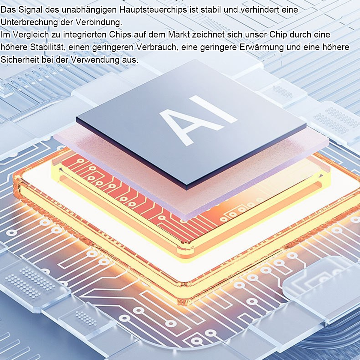 Ein Bild einer Leiterplatte mit Schichten, einschließlich eines KI-Chips, das ihr Design und ihre internen Komponenten zeigt.