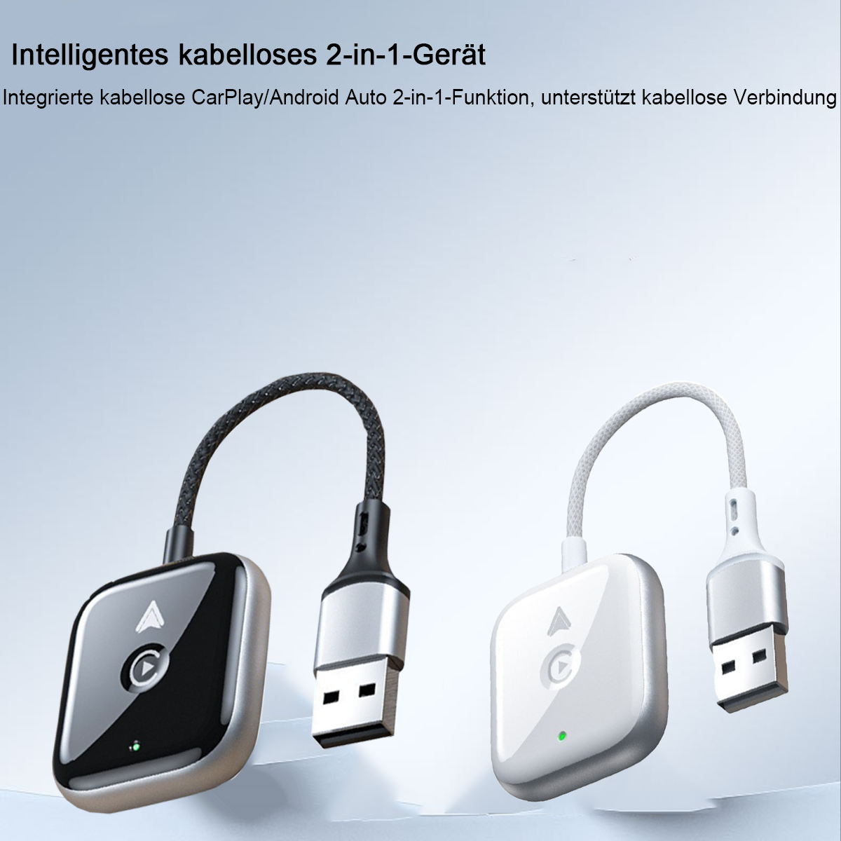 Zwei kleine schwarz-weiße Geräte mit USB-Anschlüssen. Sie sind für drahtloses CarPlay und Android Auto konzipiert.