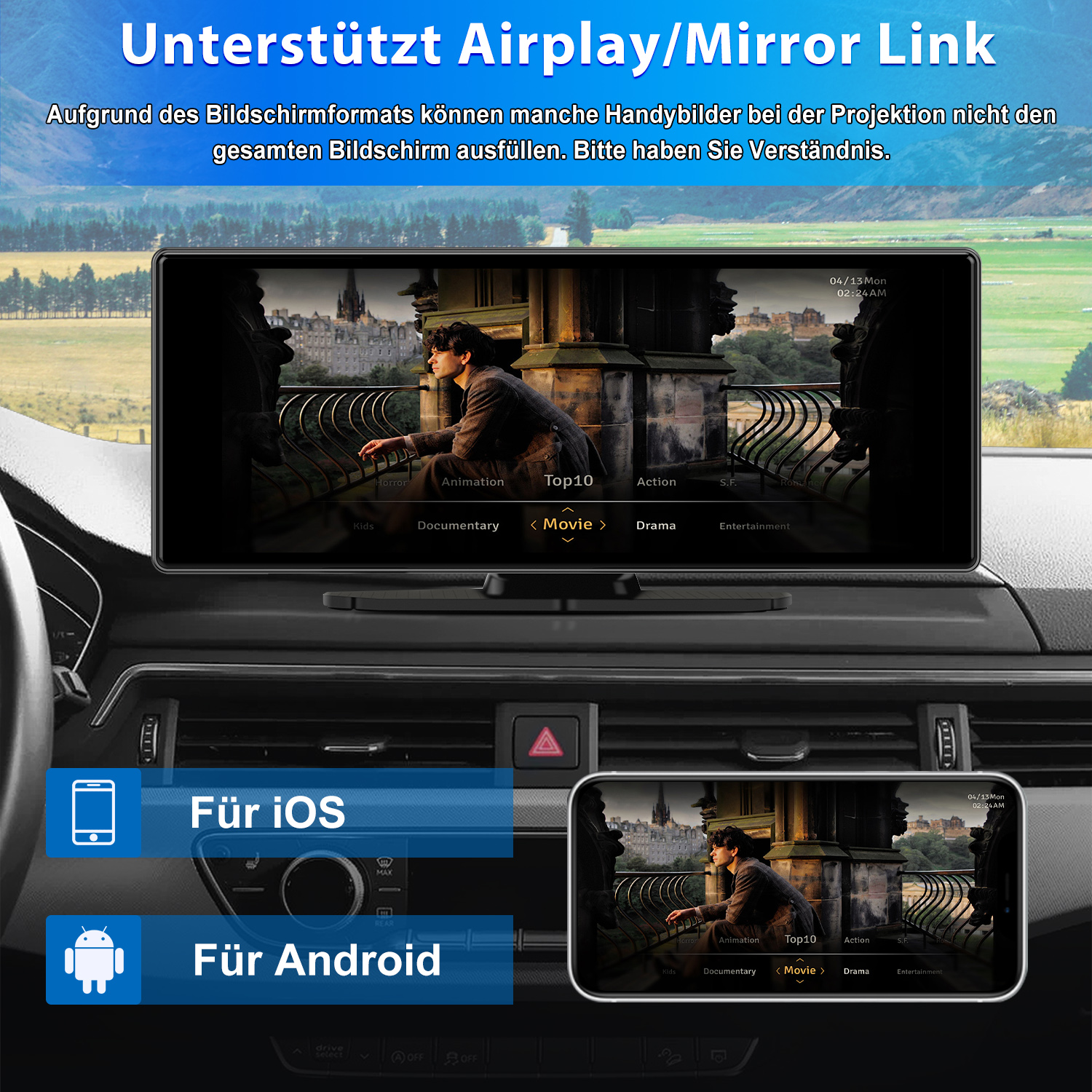 Ein Auto-Bildschirm, der einen Film mit Bedienelementen und einem Telefon anzeigt. Unterstützt Airplay/Mirror Link für iOS und Android.