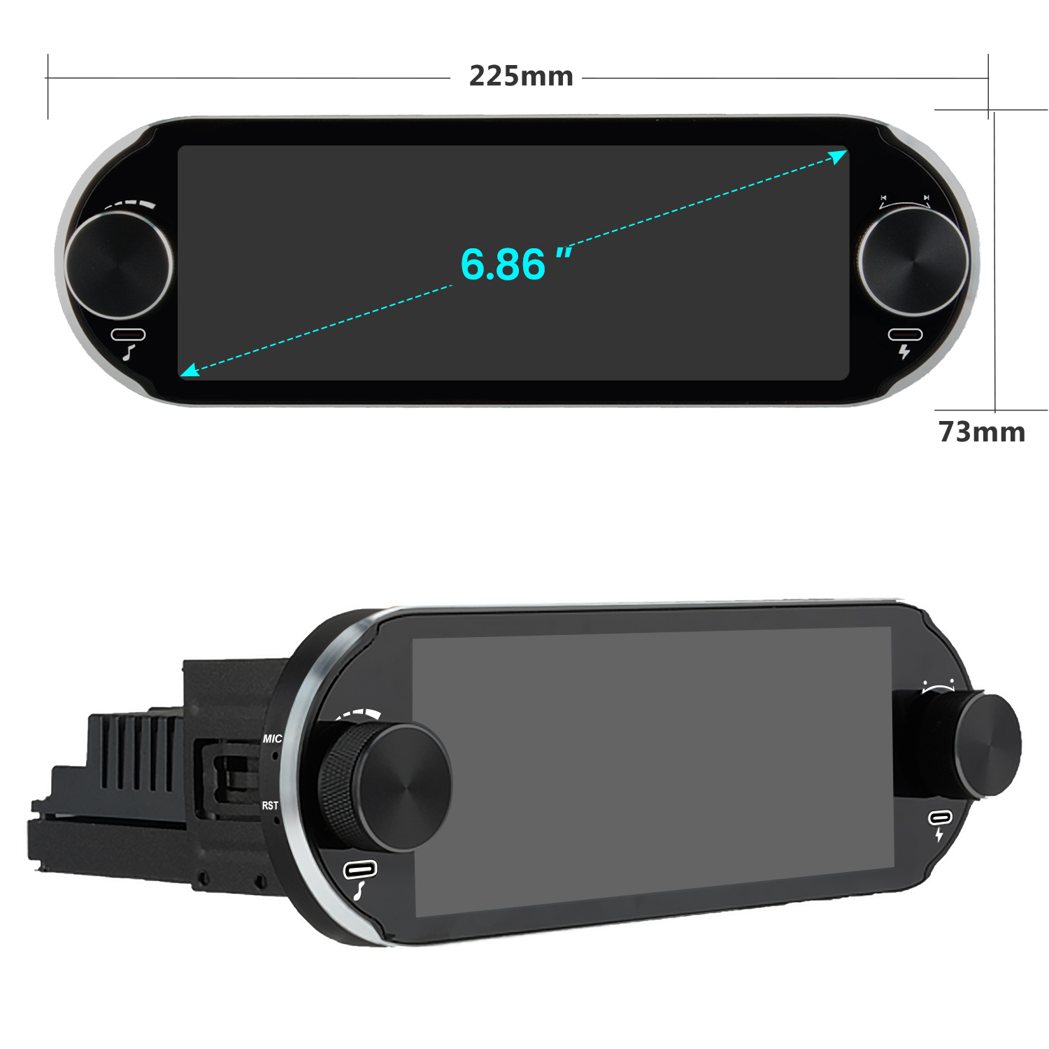 Dwa obrazy radia samochodowego. Pierwszy pokazuje całe urządzenie, a drugi wymiary i rozmiar ekranu.