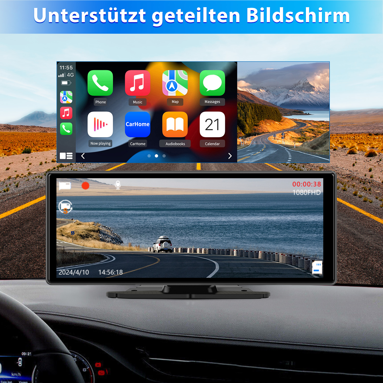 Ein Armaturenbrett im Auto, das Navigations- und App-Bildschirme zeigt. Enthält ein Display mit zwei geteilten Bildschirmen.