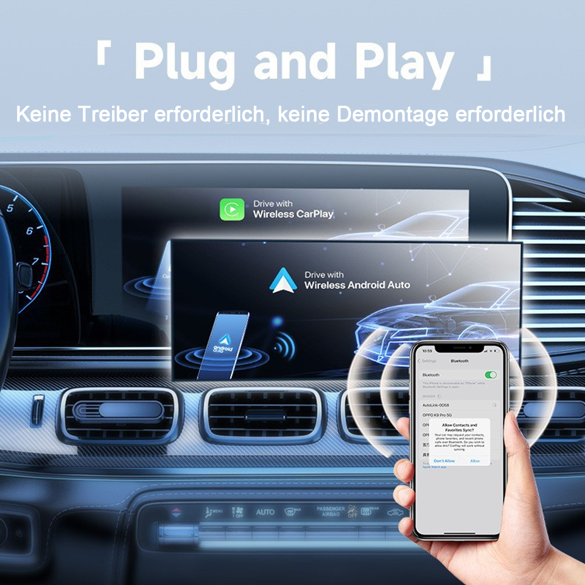 Armaturenbrett mit Telefon, das CarPlay- und Android Auto-Oberflächen zeigt. Hand hält Telefon.