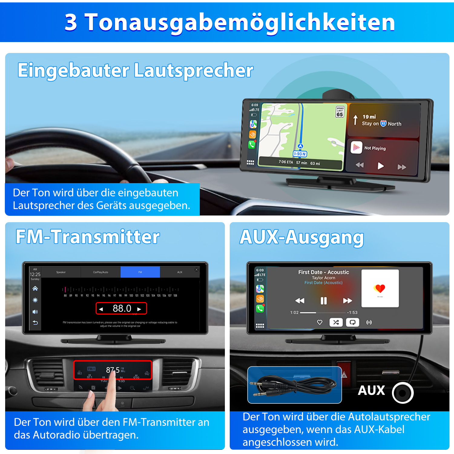 Bildschirme zeigen Auto-Audiooptionen: eingebauter Lautsprecher, FM-Transmitter und AUX-Ausgang. Musik und Navigation.