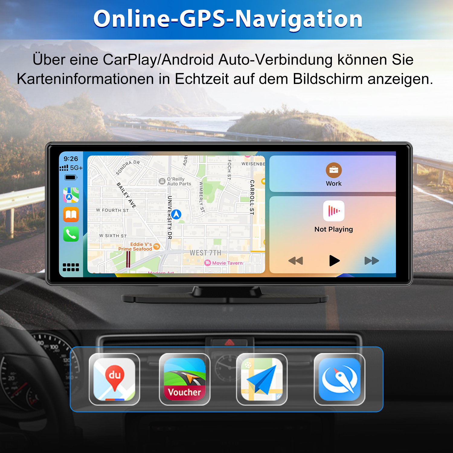 Auto-Bildschirm, der eine Online-GPS-Navigations-App-Oberfläche mit Karte und verschiedenen App-Symbolen zeigt.