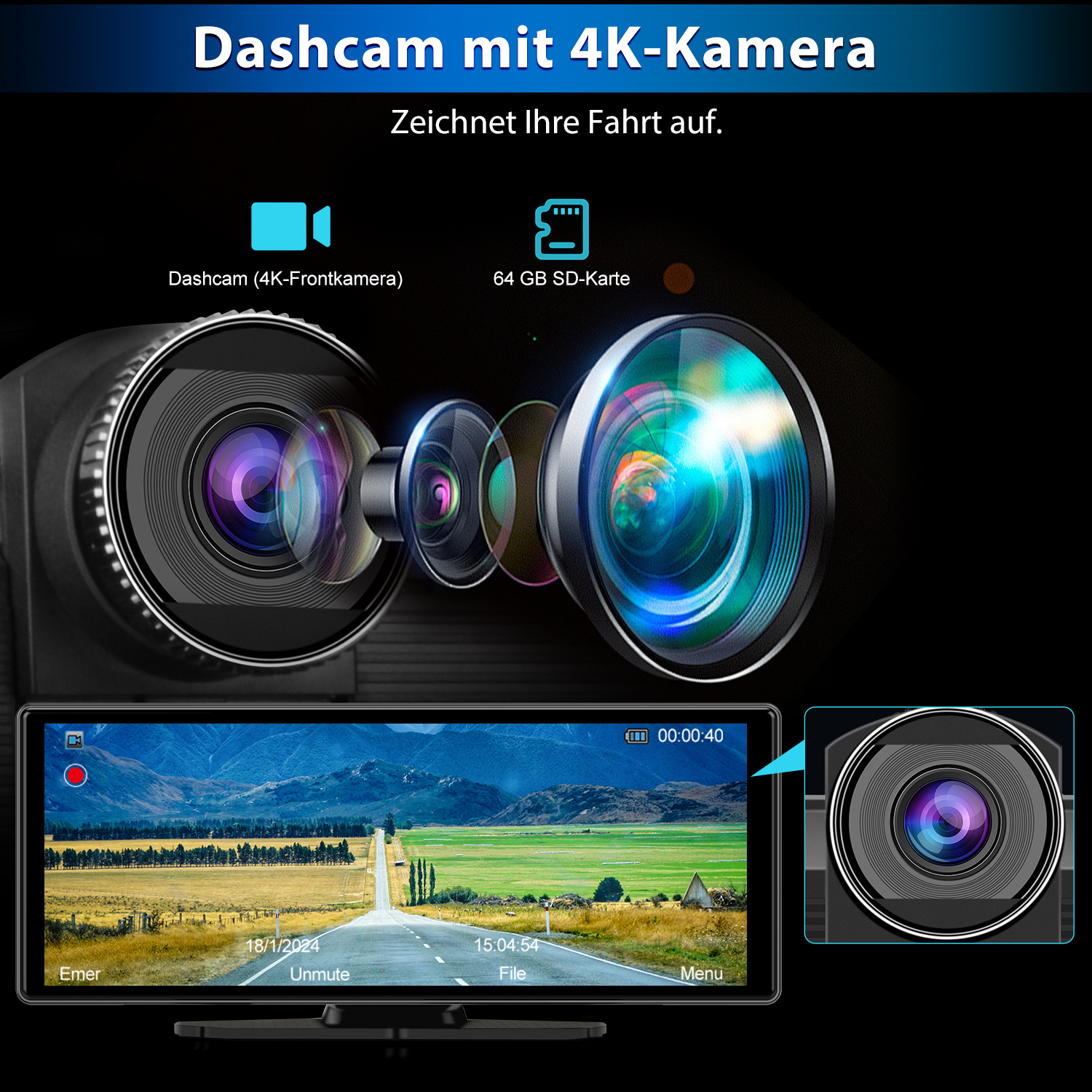 Das Bild zeigt eine Dashcam mit 4K-Kamera und SD-Karte, die eine Straßenansicht und eine kleinere Kameraansicht anzeigt.