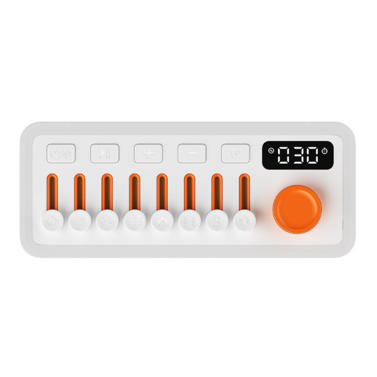 Ein weißes Bedienfeld mit orangefarbenen Knöpfen und Schiebereglern, mit digitaler Anzeige, die die Zeit als 0:30 anzeigt.