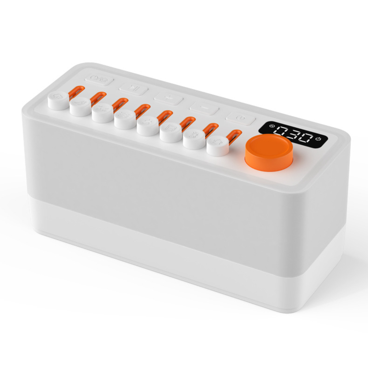 Ein weißes und graues Gerät mit orangefarbenen Knöpfen und einer Digitalanzeige mit 0:30.
