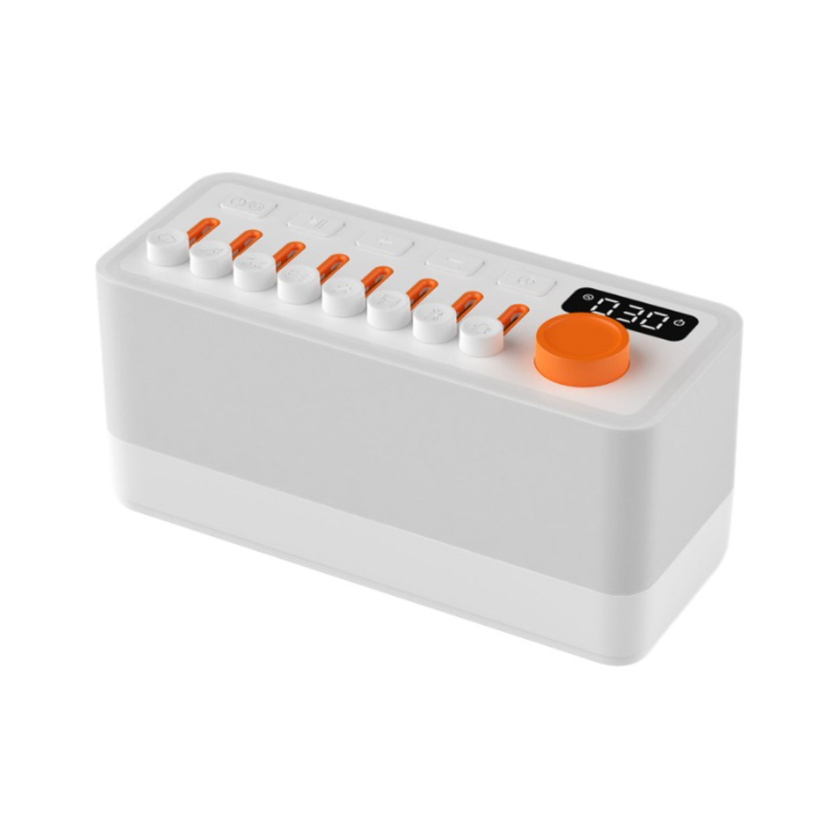 Ein weißes und oranges Gerät mit Knöpfen und digitaler Anzeige. Ein einzelner orangefarbener Knopf ist prominent.