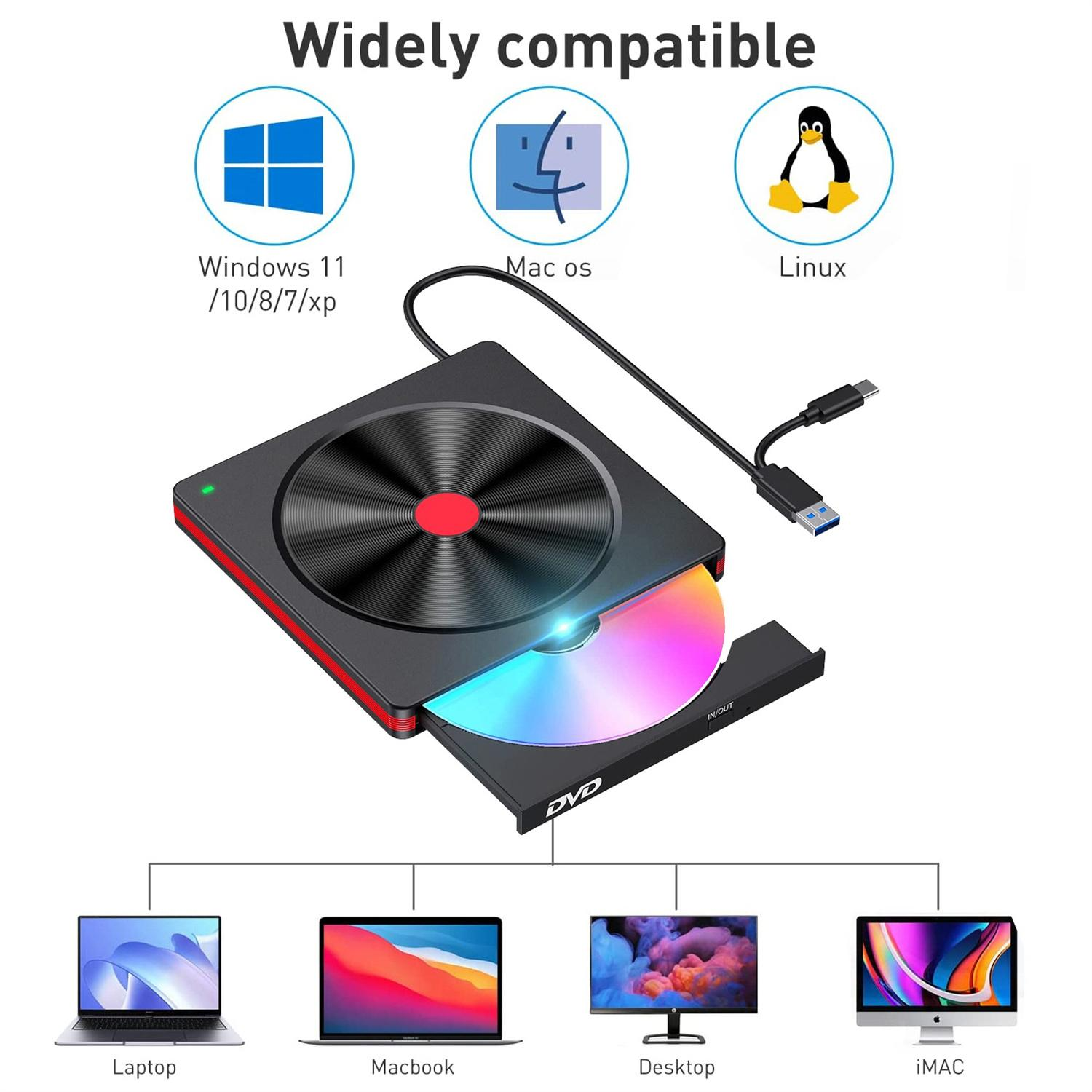 Ein schwarzes und rotes DVD-Laufwerk mit einer Disc. Angeschlossen an Laptop, Macbook, Desktop und iMac.