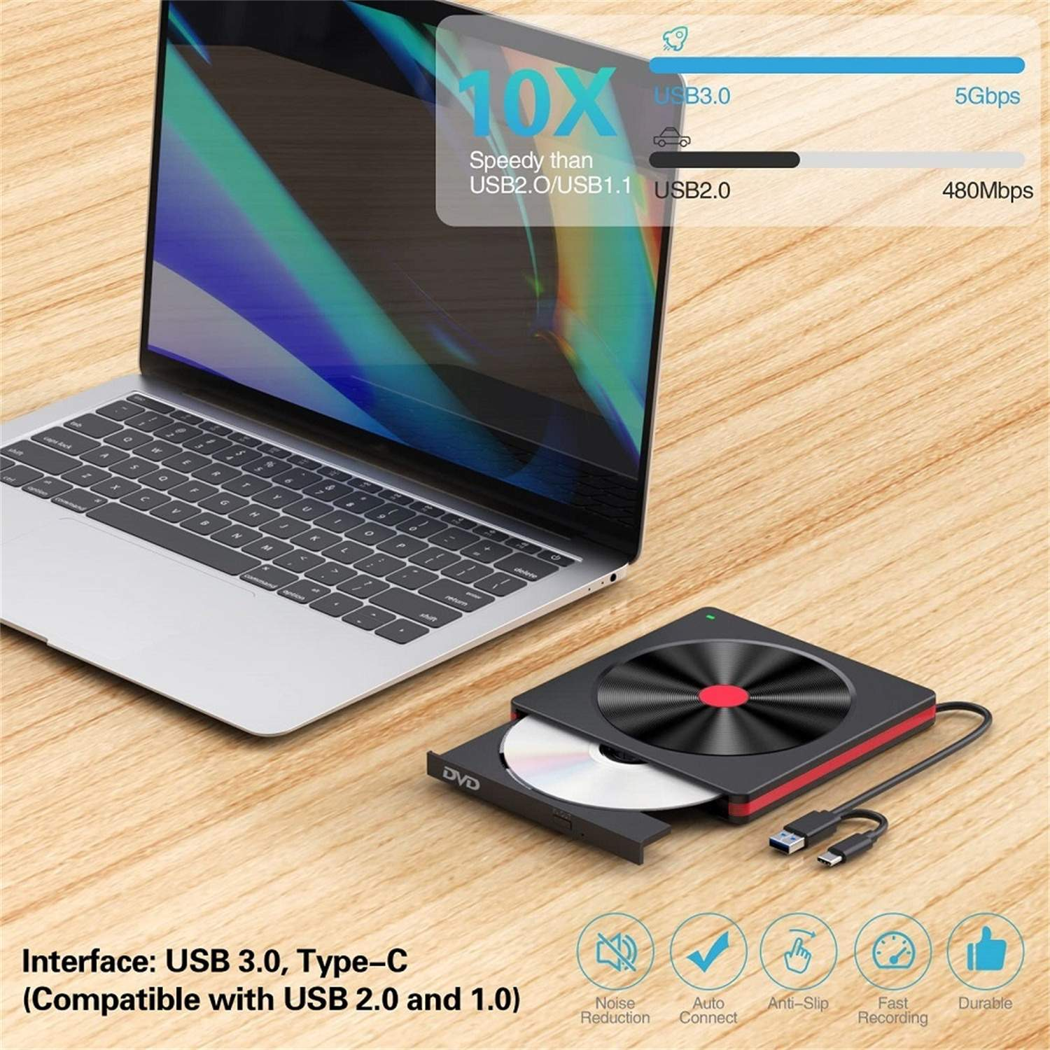 Ein Laptop, der mit einem schwarzen DVD-Laufwerk mit USB- und Typ-C-Anschlüssen verbunden ist.