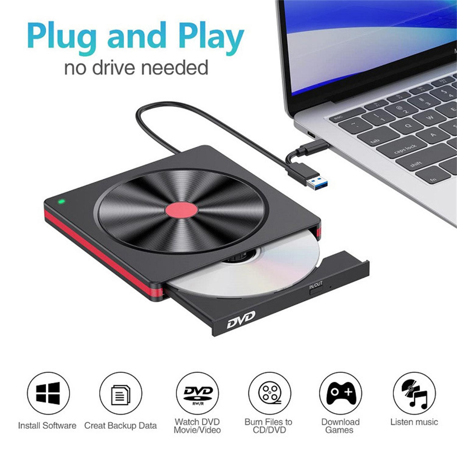 Ein Laptop mit geöffnetem DVD-Laufwerk. Eine DVD ist teilweise eingesetzt. Symbole unten.