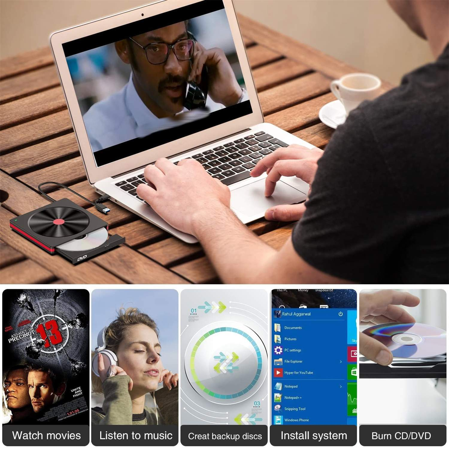Eine Person benutzt einen Laptop, der mit einem DVD-Laufwerk verbunden ist. Bilder zeigen Anwendungen.