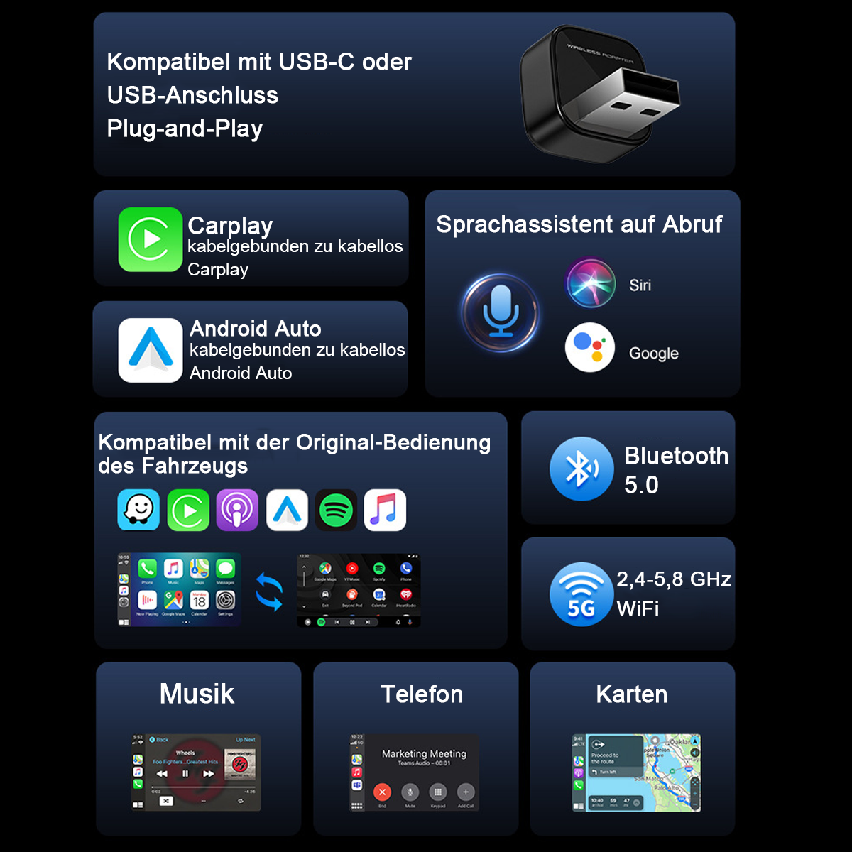 Das Bild zeigt eine Produktübersicht mit Symbolen, darunter USB, CarPlay, Android Auto, Bluetooth und WiFi, sowie Produktmerkmale.