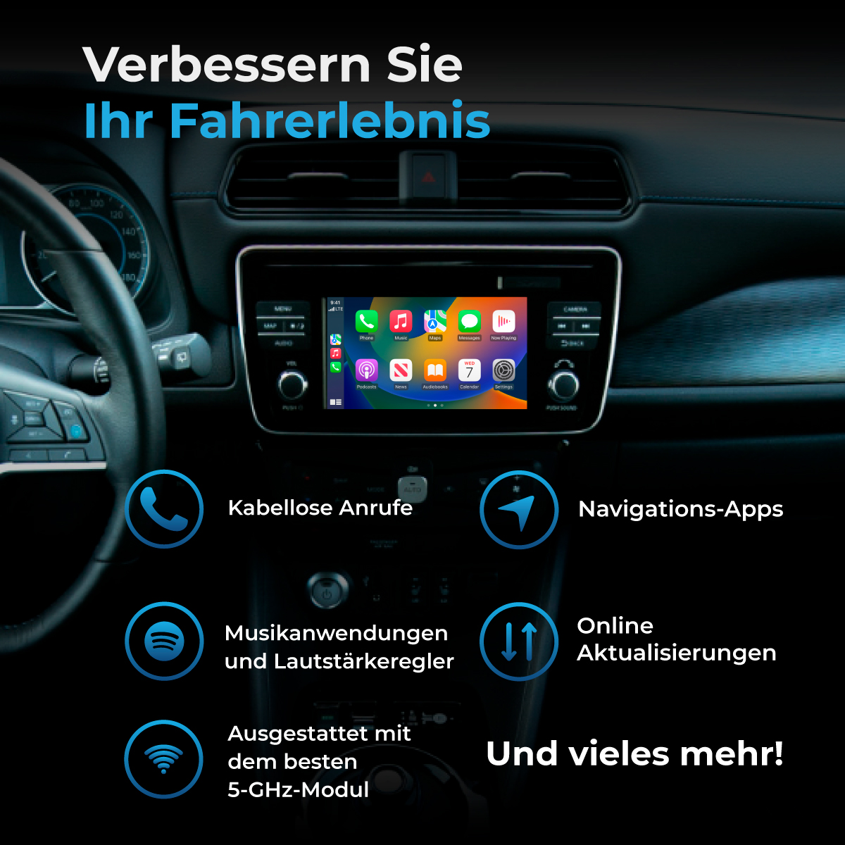 Eine Auto-Armaturenbrettanzeige. Symbole für Anrufe, Navigations-Apps, Musik und Online-Updates.